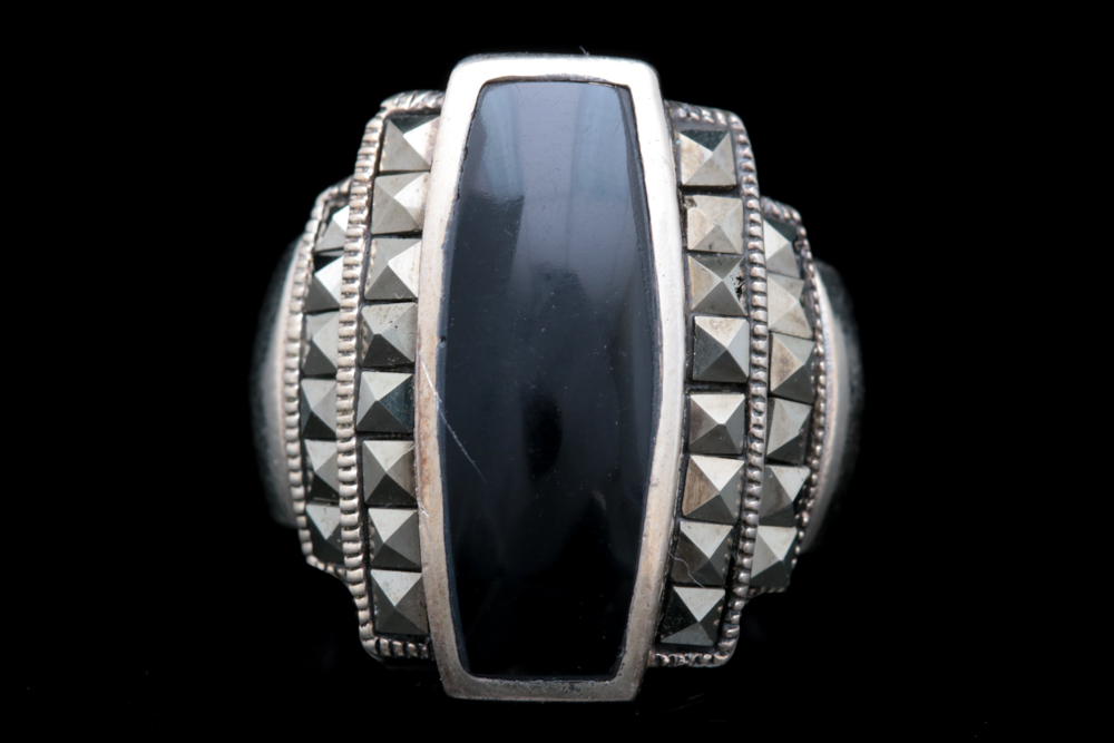 Sterling Silver, Black Chalcedony and Marcasite Ring