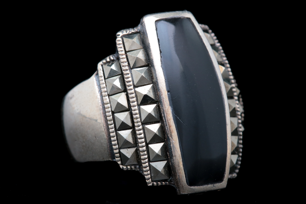 Sterling Silver, Black Chalcedony and Marcasite Ring