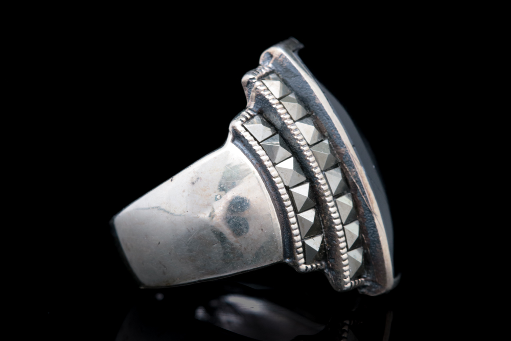 Sterling Silver, Black Chalcedony and Marcasite Ring