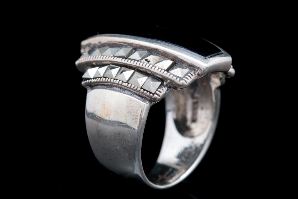 Sterling Silver, Black Chalcedony and Marcasite Ring