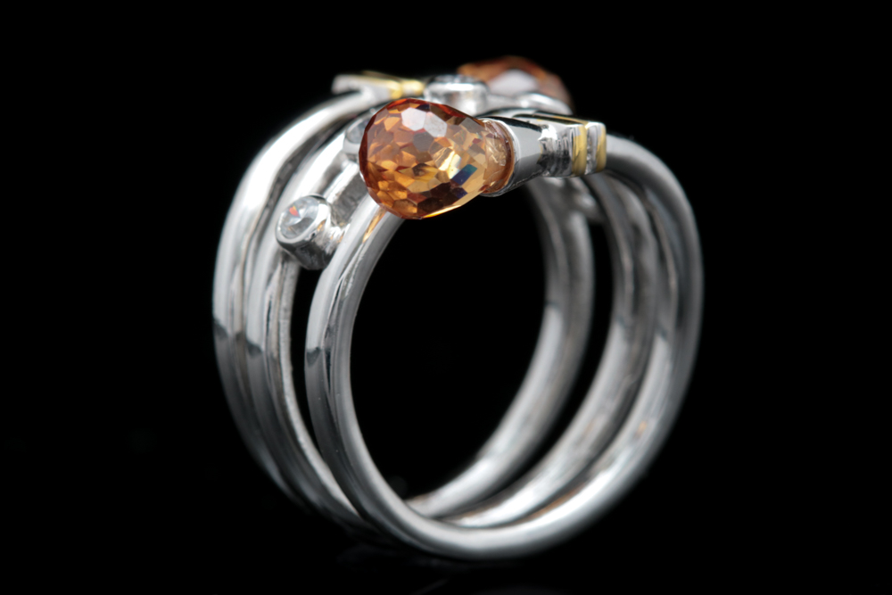 Sterling Silver, Orange and White Cubic Zirconia Ring