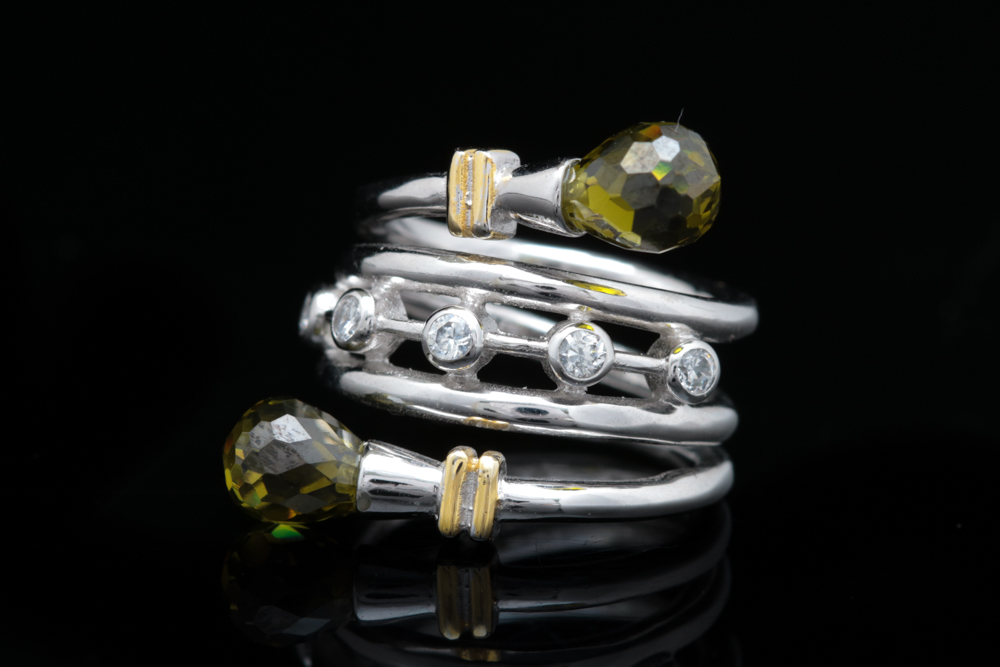 Sterling Silver, Green and White Cubic Zirconia Ring