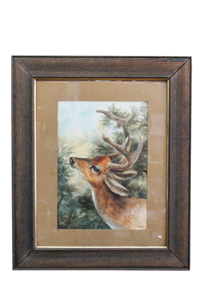 A.M.H. Watercolor Painting on Paper of Deer in Wooded Setting