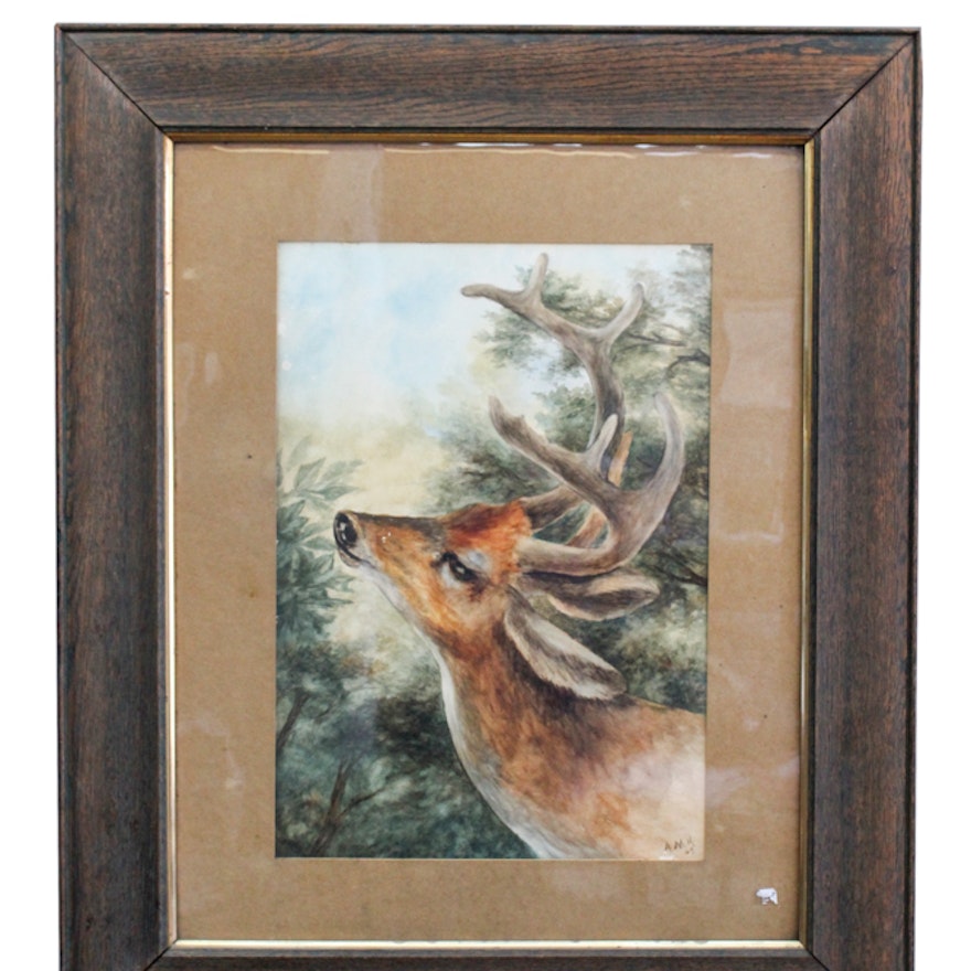 A.M.H. Watercolor Painting on Paper of Deer in Wooded Setting