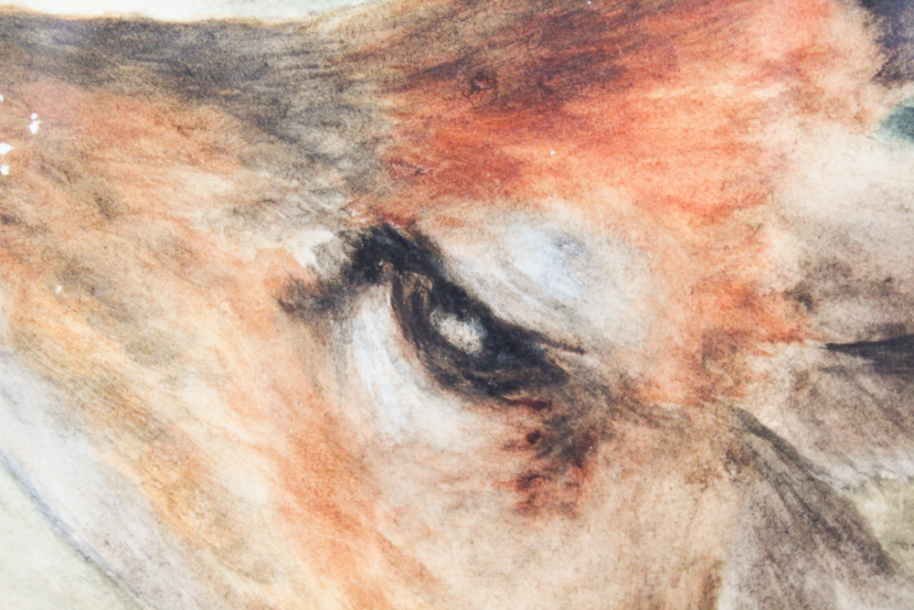 A.M.H. Watercolor Painting on Paper of Deer in Wooded Setting