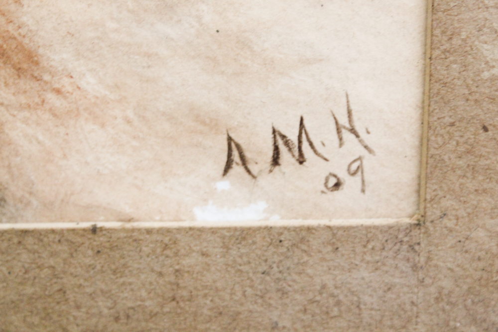 A.M.H. Watercolor Painting on Paper of Deer in Wooded Setting