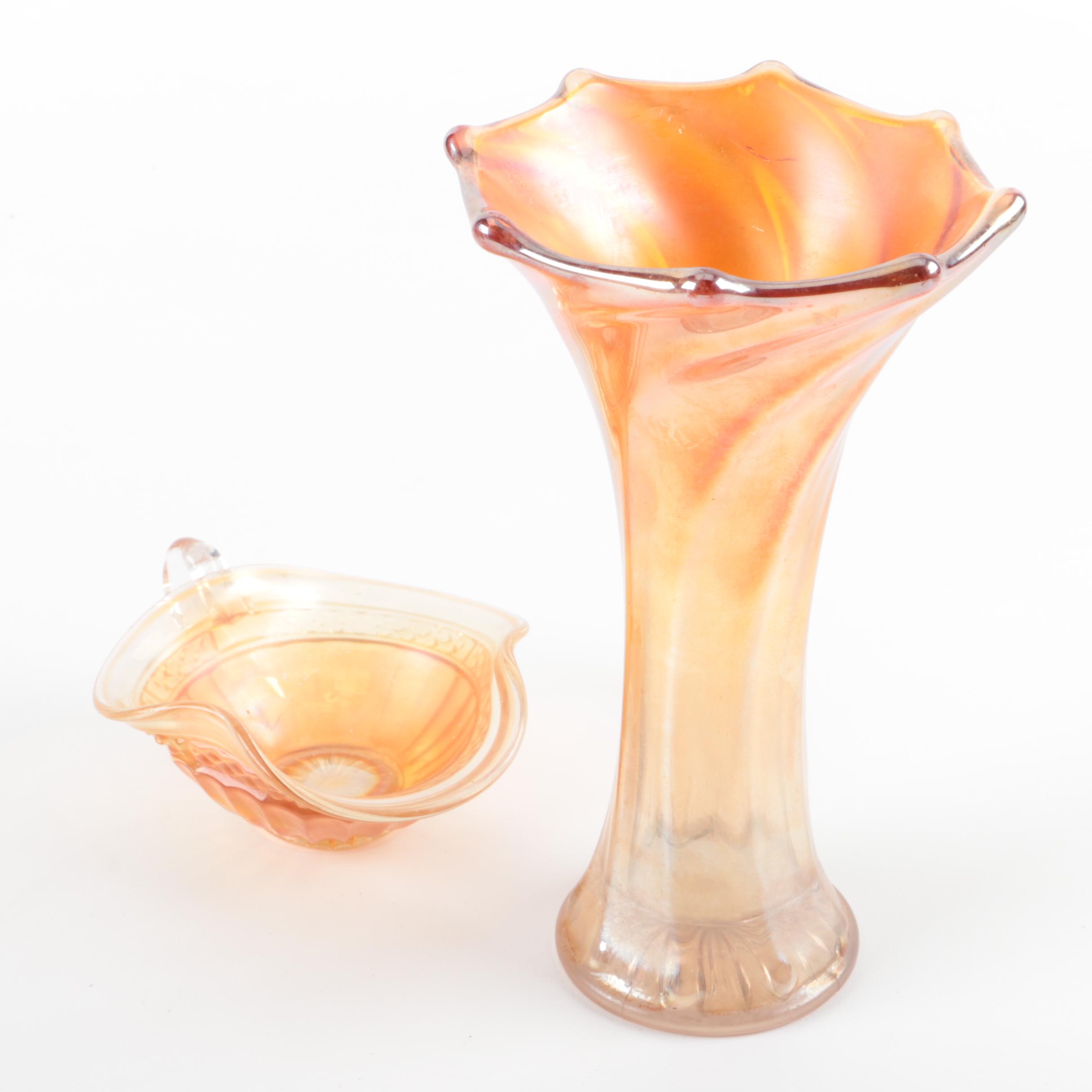 Vintage Amber Carnival Glass Vase and Candy Dish
