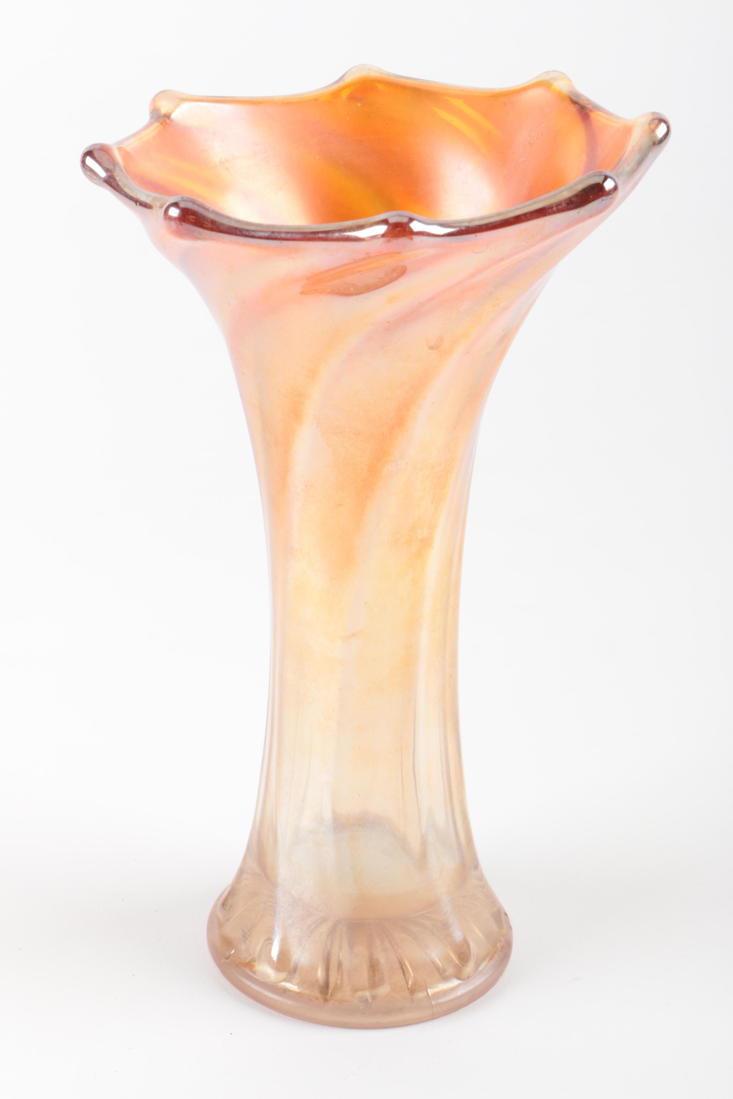 Vintage Amber Carnival Glass Vase and Candy Dish