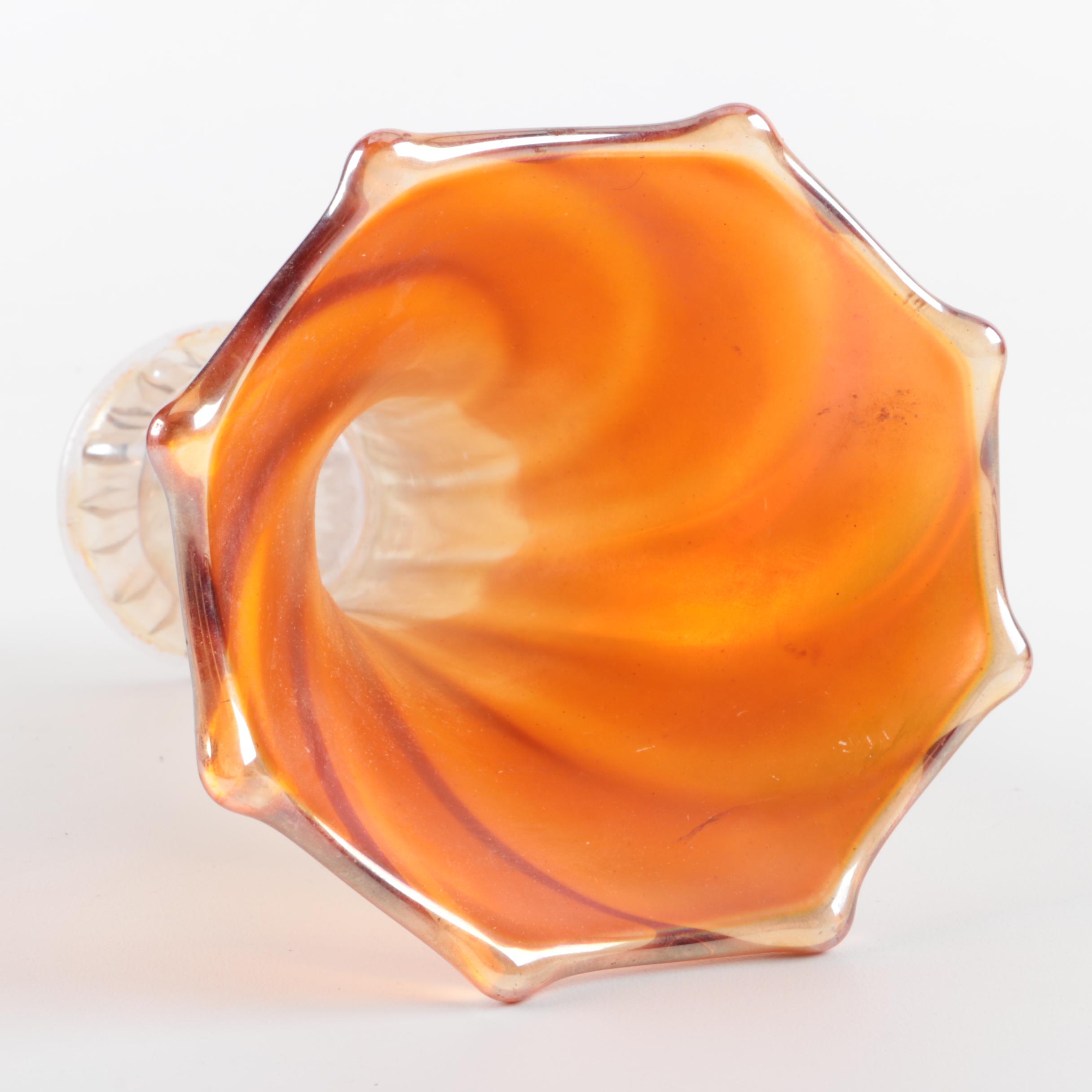 Vintage Amber Carnival Glass Vase and Candy Dish