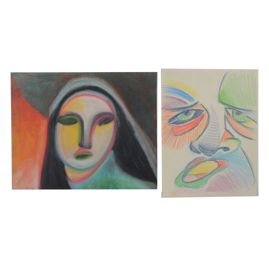 Carol J. Mathews Pair of Drawings of Surrealist Faces