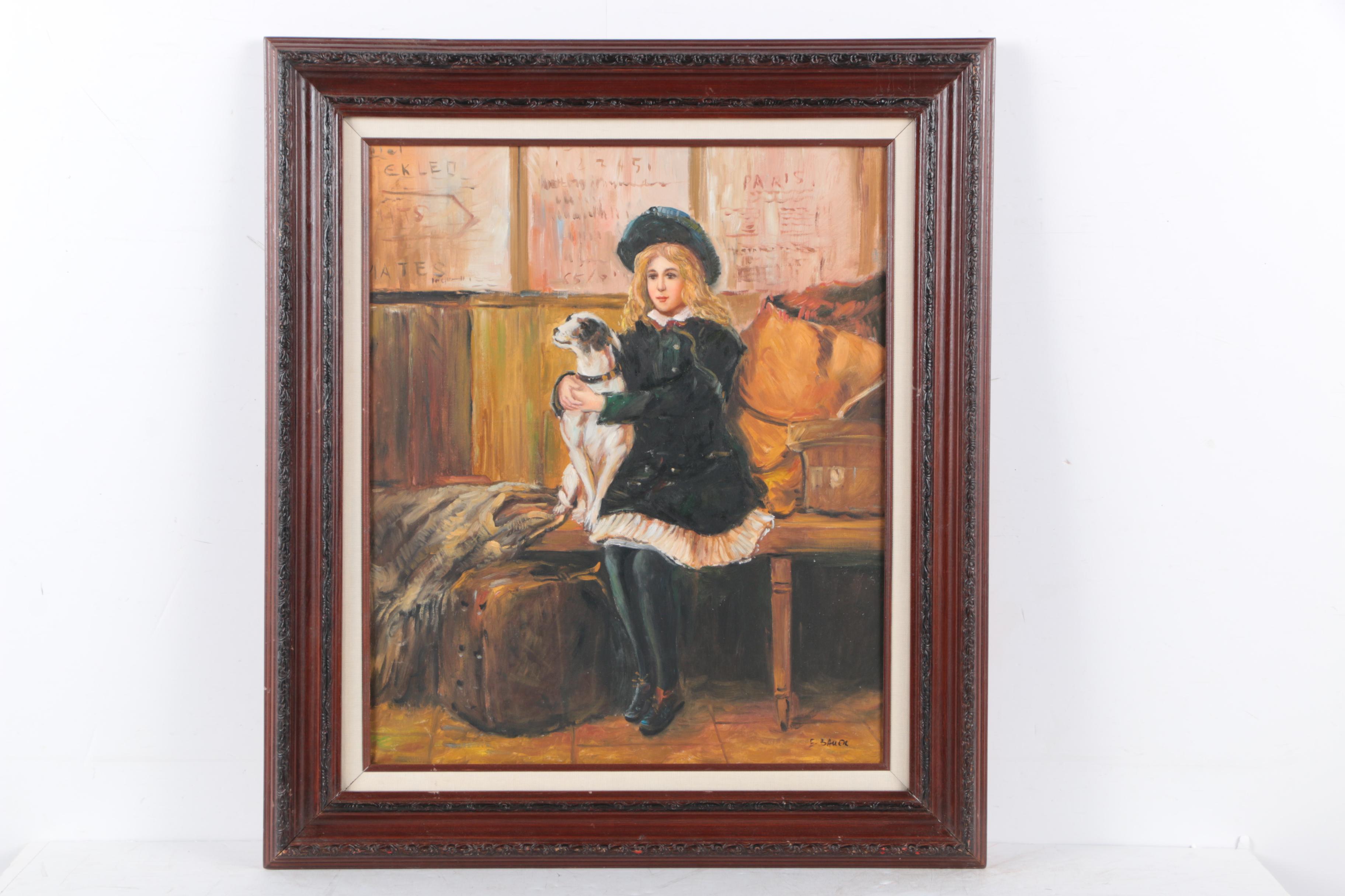 E. Bauer Oil Painting on Canvas of a Young Woman and Canine