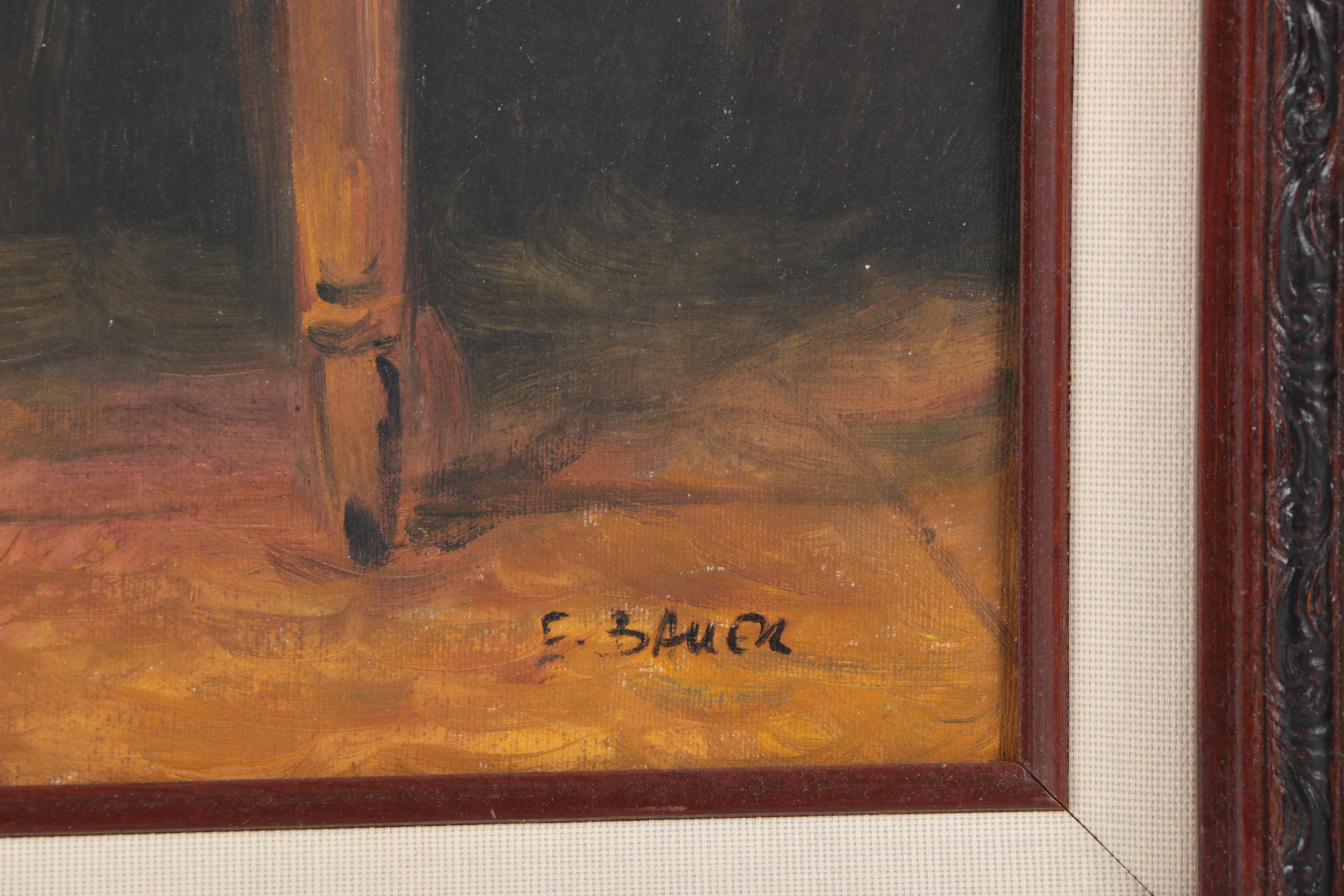 E. Bauer Oil Painting on Canvas of a Young Woman and Canine