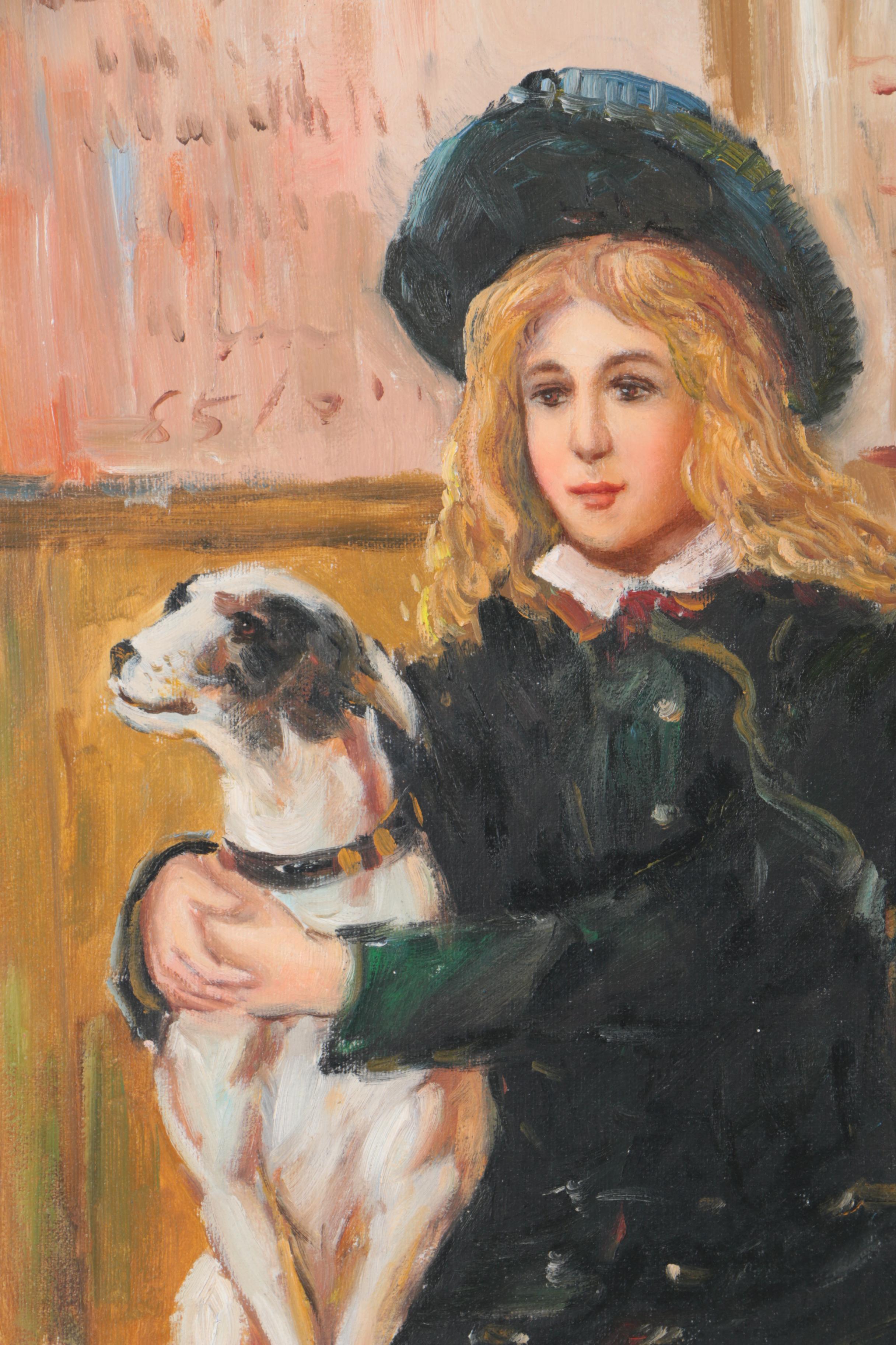 E. Bauer Oil Painting on Canvas of a Young Woman and Canine