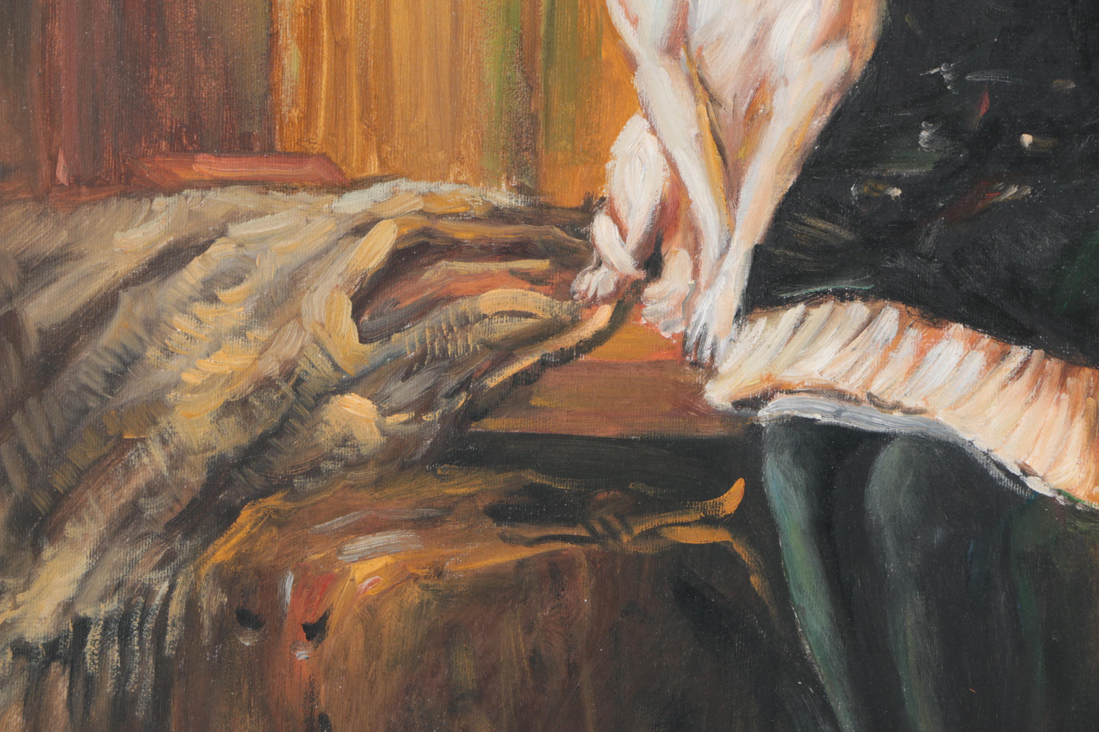 E. Bauer Oil Painting on Canvas of a Young Woman and Canine