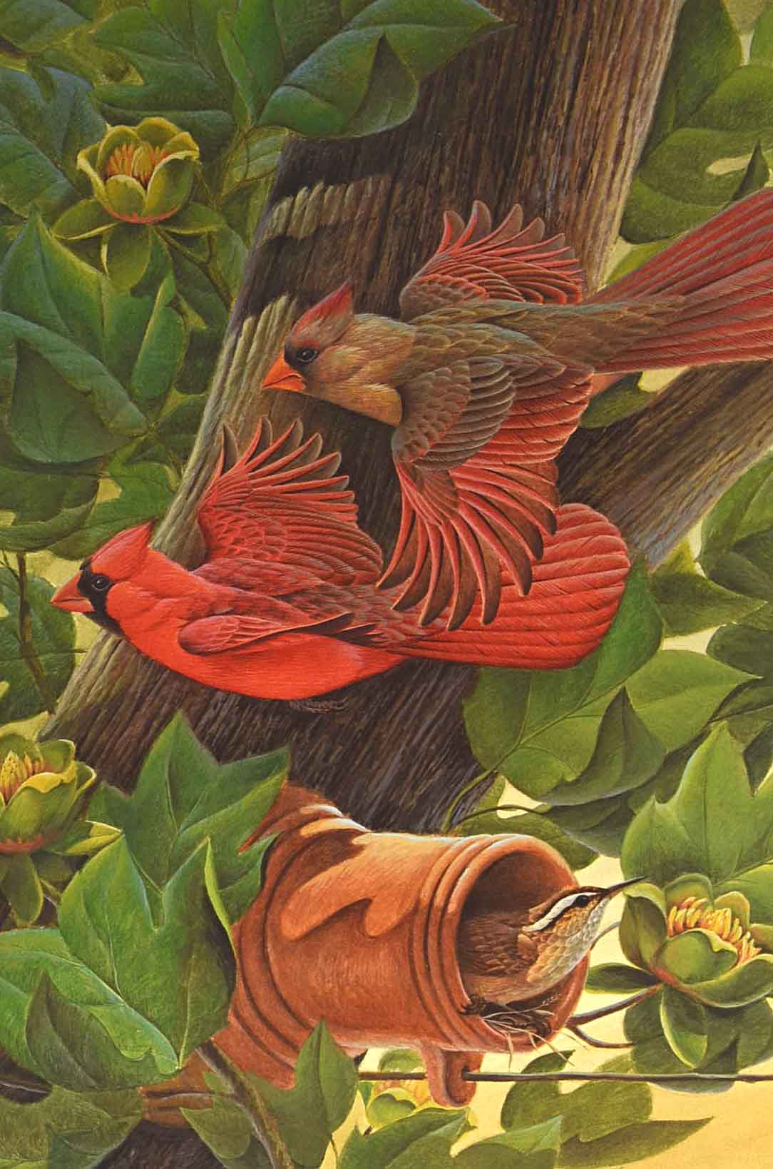 John Ruthven Artist's Proof Offset Lithograph on Paper "Cardinals and Wren"