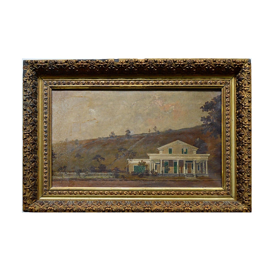 Antique Oil on Canvas of a 19th Century Greek Revival Texan Country Home