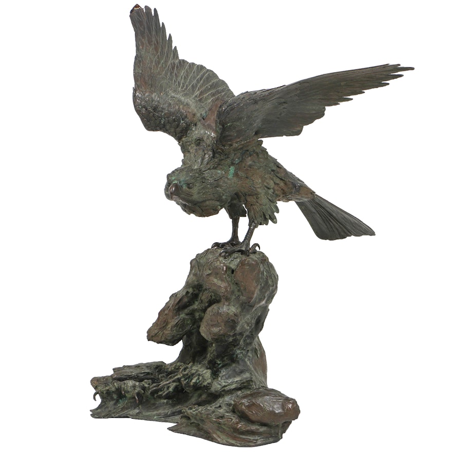 Japanese Meiji Period (1868-1912) Bronze Eagle Atop Rocky Outcrop