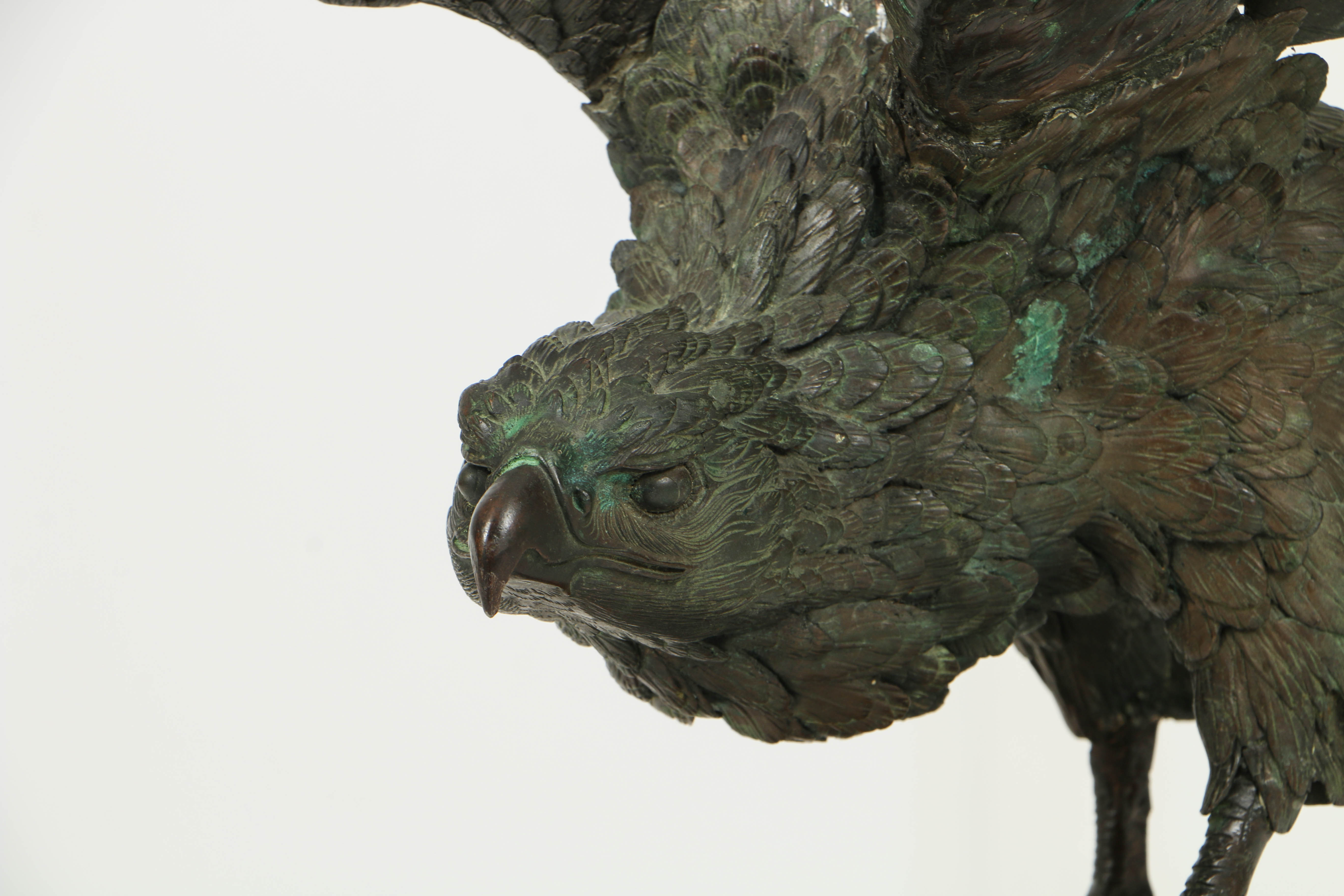 Japanese Meiji Period (1868-1912) Bronze Eagle Atop Rocky Outcrop