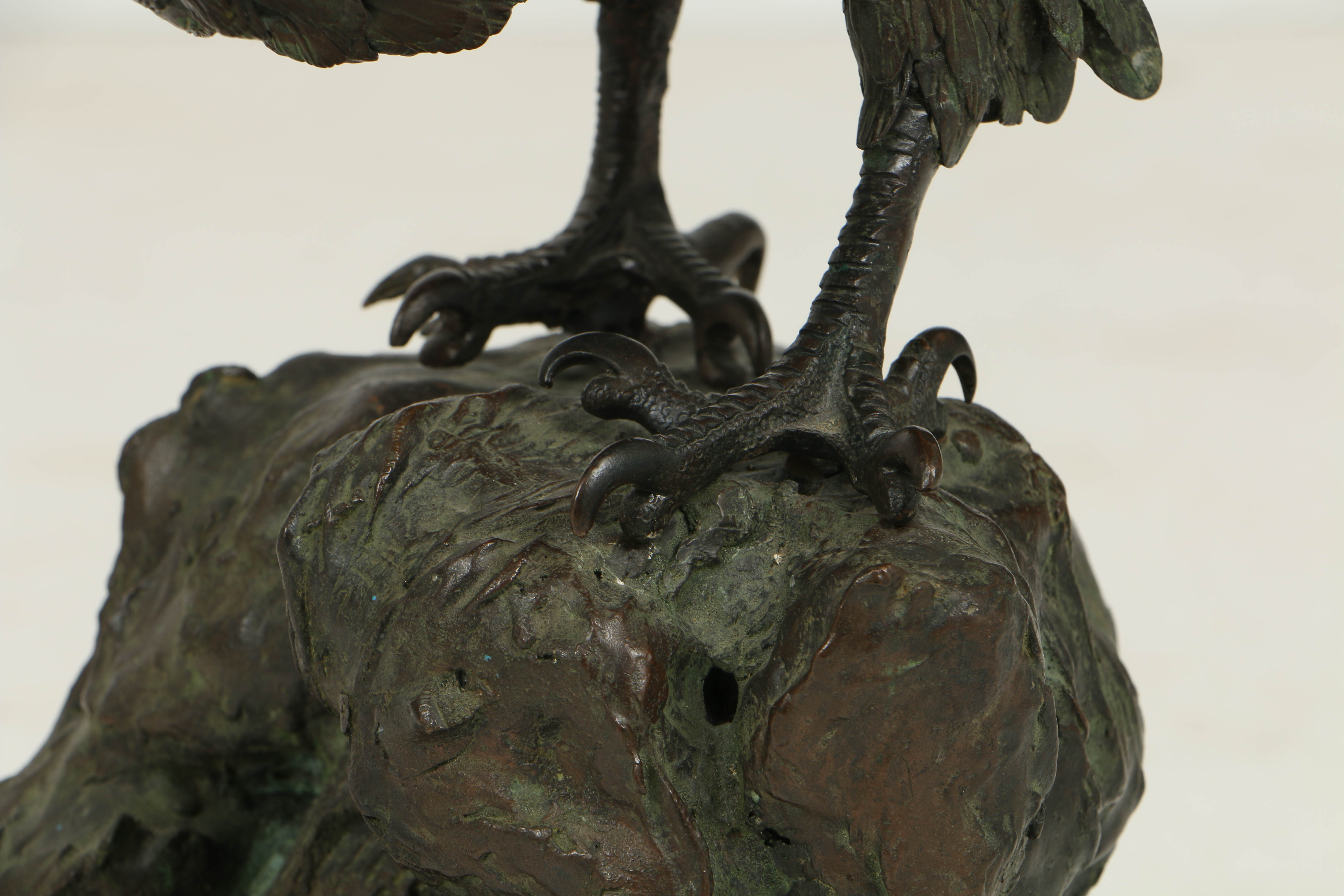 Japanese Meiji Period (1868-1912) Bronze Eagle Atop Rocky Outcrop