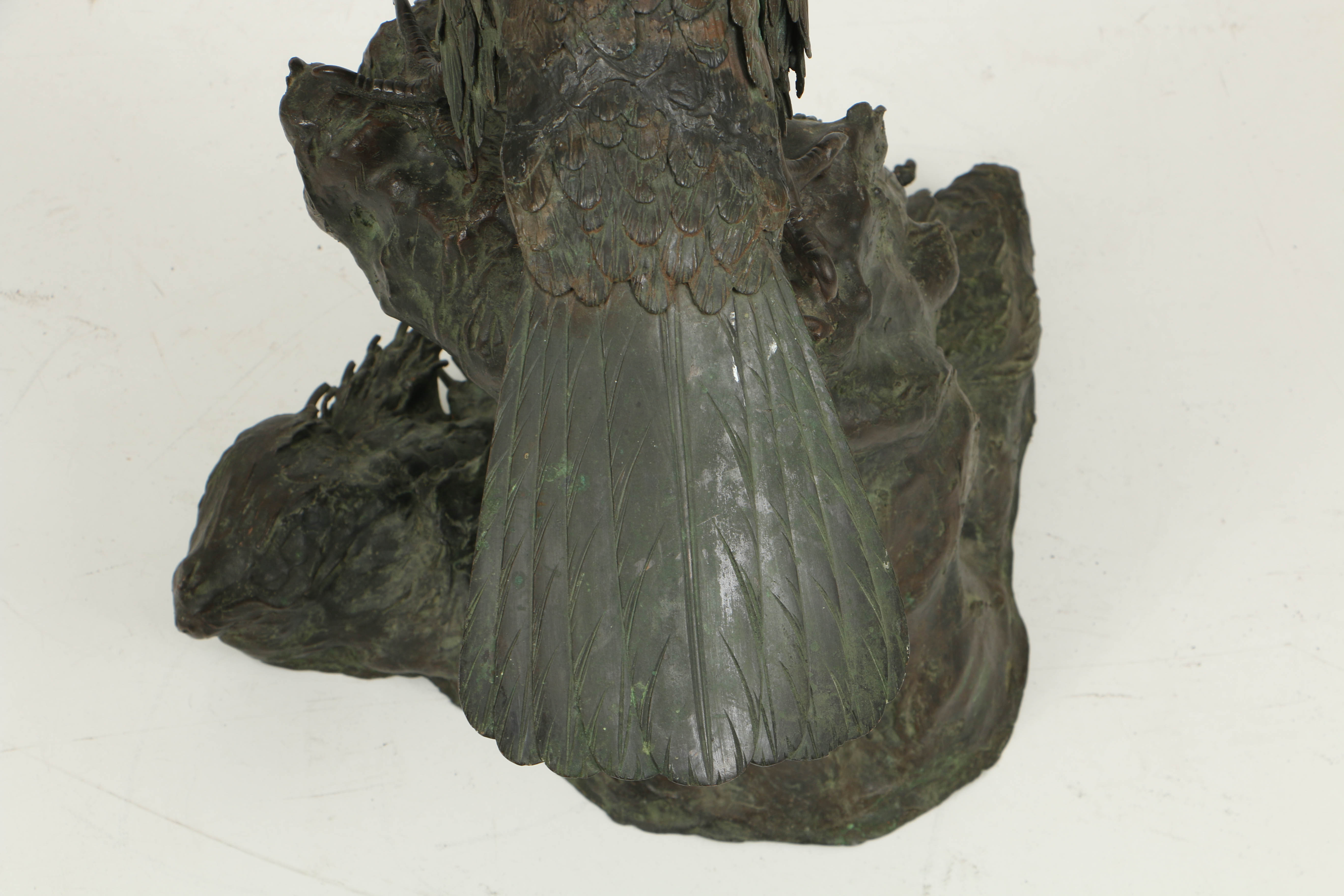 Japanese Meiji Period (1868-1912) Bronze Eagle Atop Rocky Outcrop