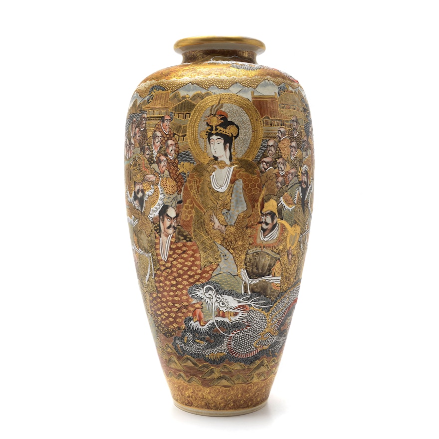 Substantial Japanese Satsuma Vase with Samurai and Serpentine Dragon