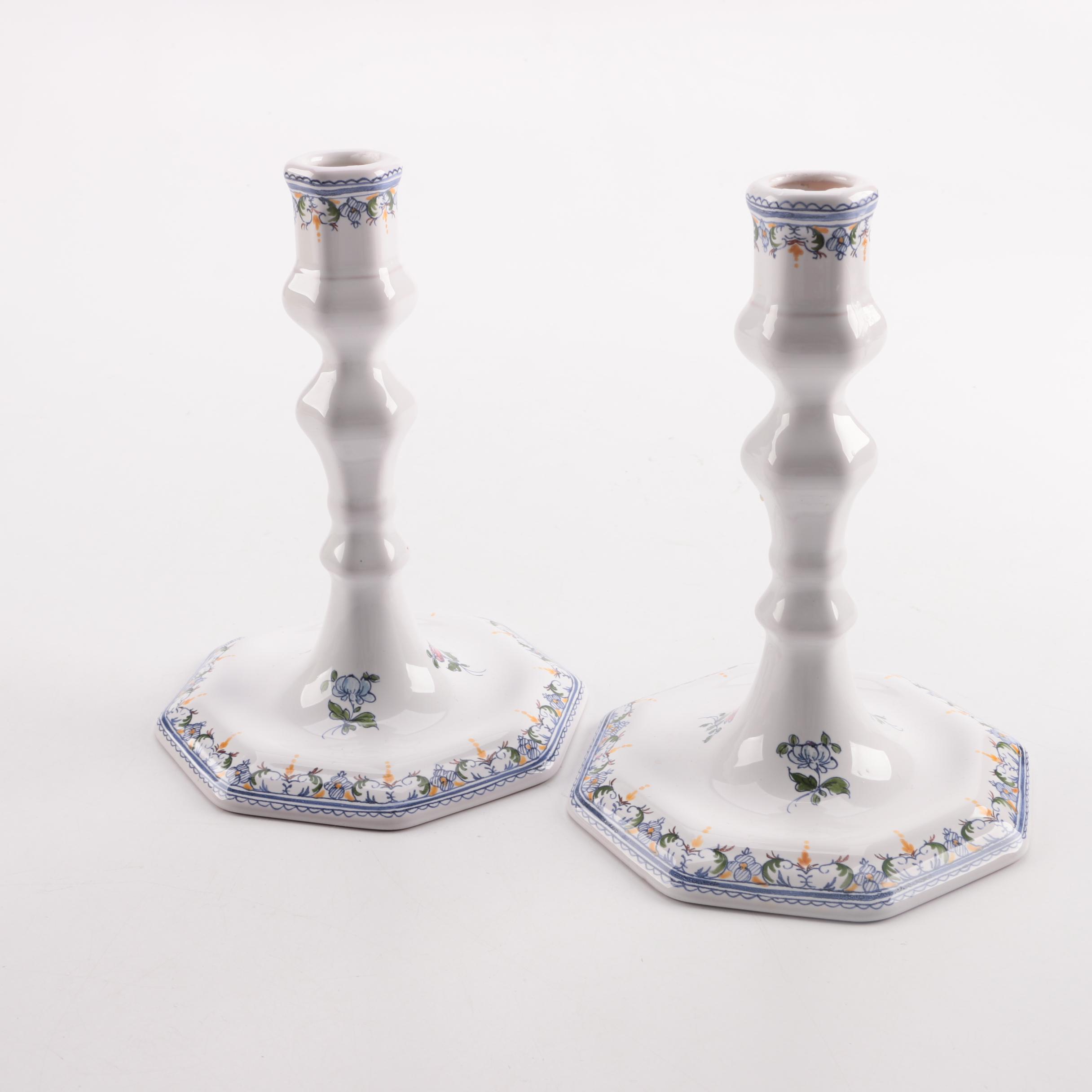 Hand-Painted French Candlesticks with Pitcher