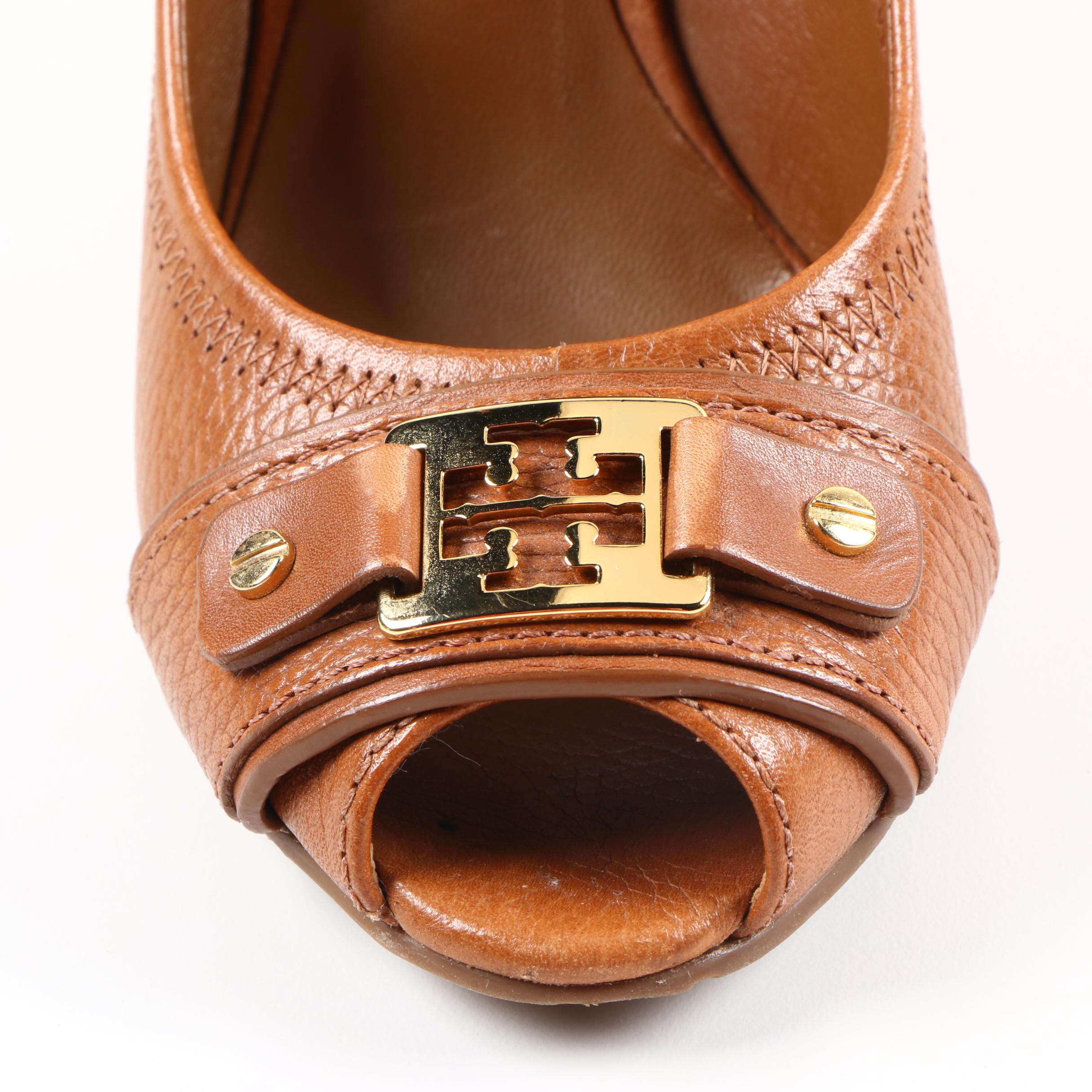 Tory Burch Lowell Peep Toe Brown Leather Wedges
