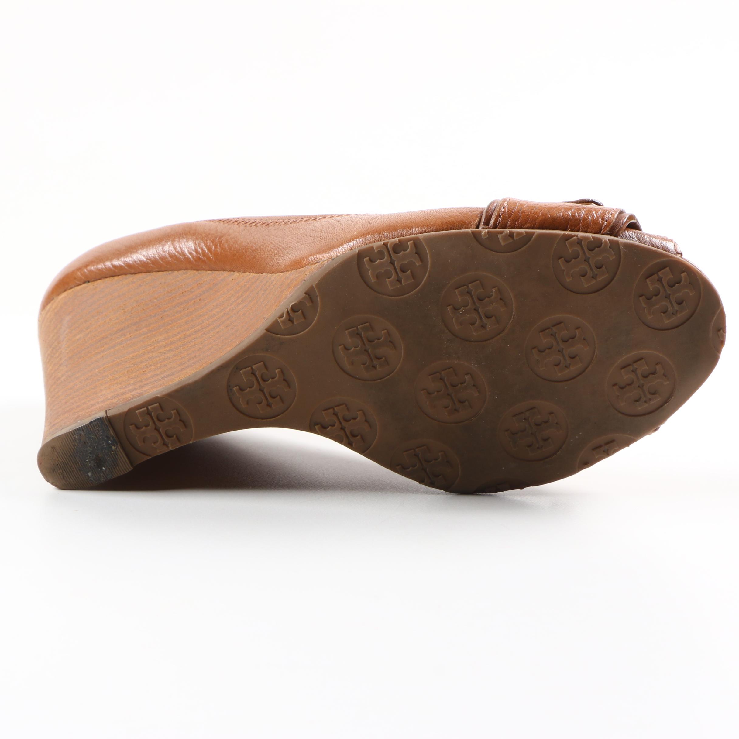 Tory Burch Lowell Peep Toe Brown Leather Wedges