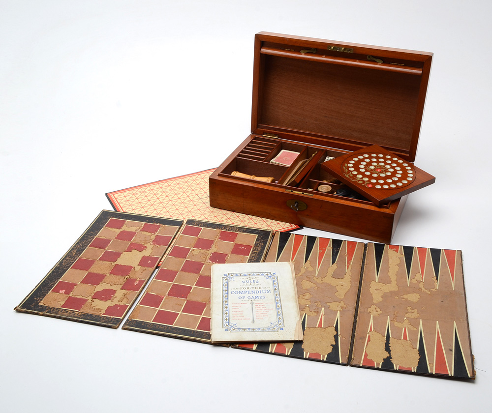 Antique Mahogany Games Compendium with F.H. Ayres Instruction Booklet