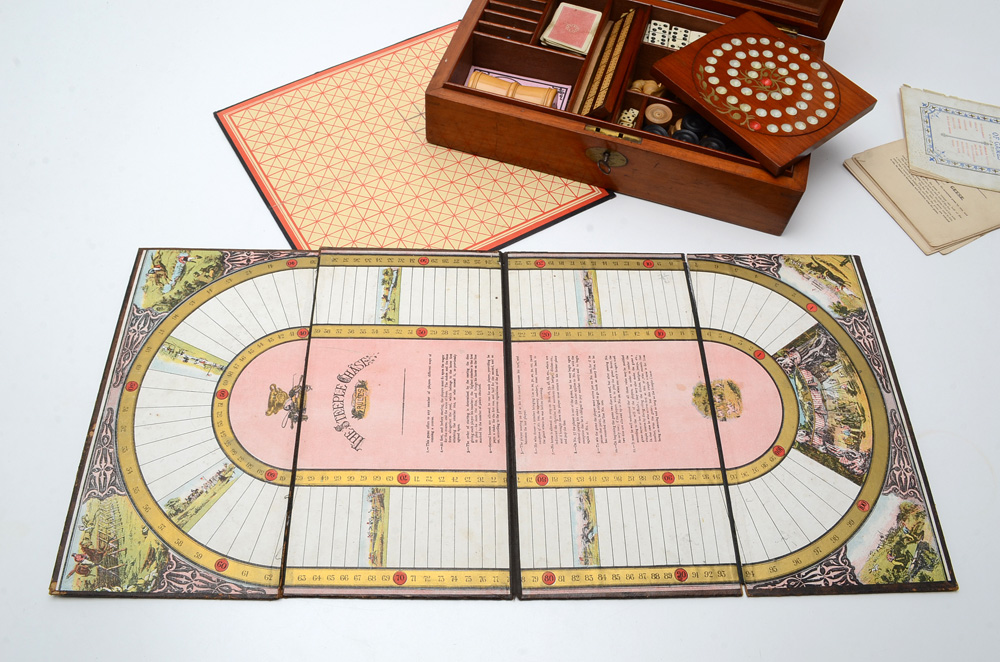 Antique Mahogany Games Compendium with F.H. Ayres Instruction Booklet