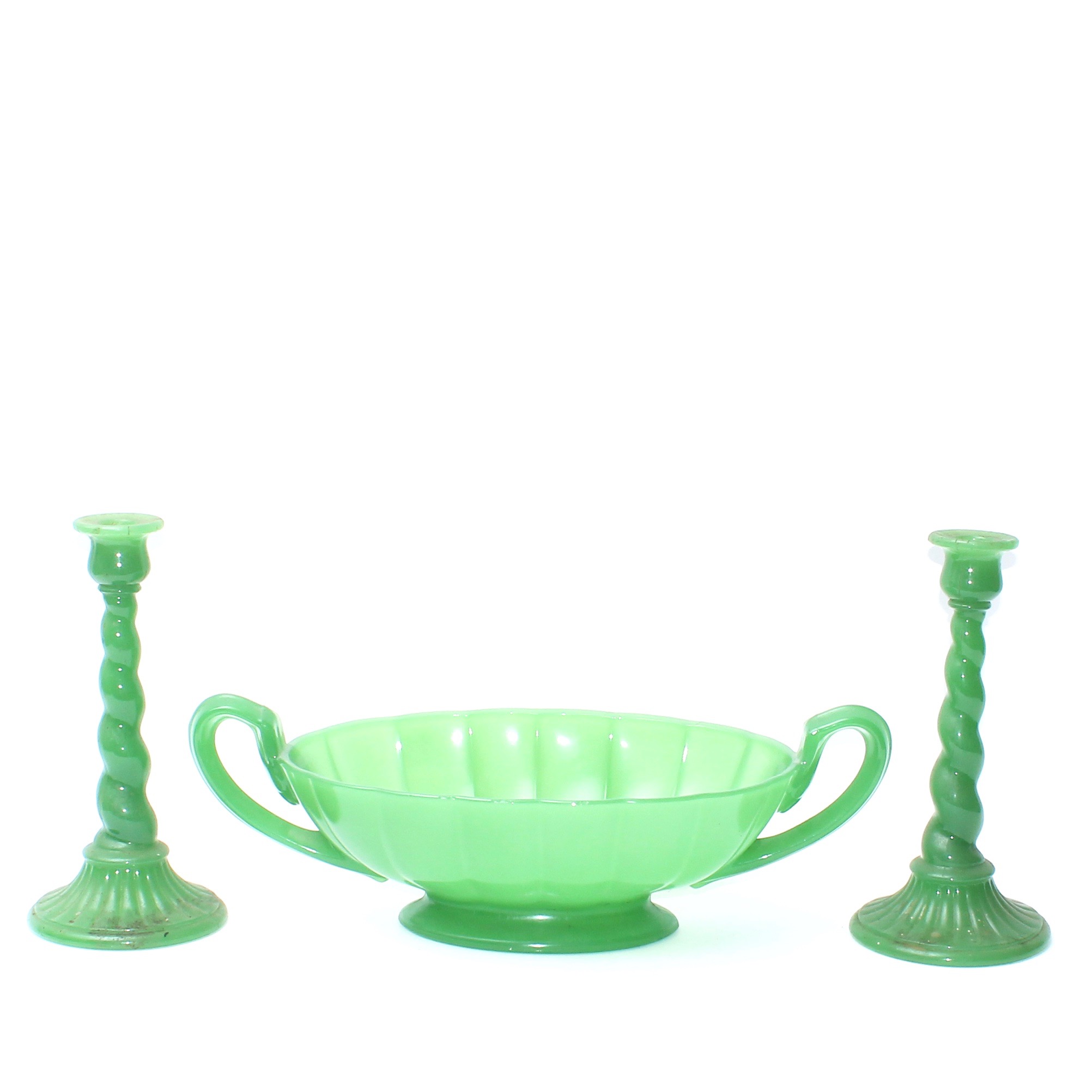 Vintage Green Milk Glass Bowl and Candlesticks