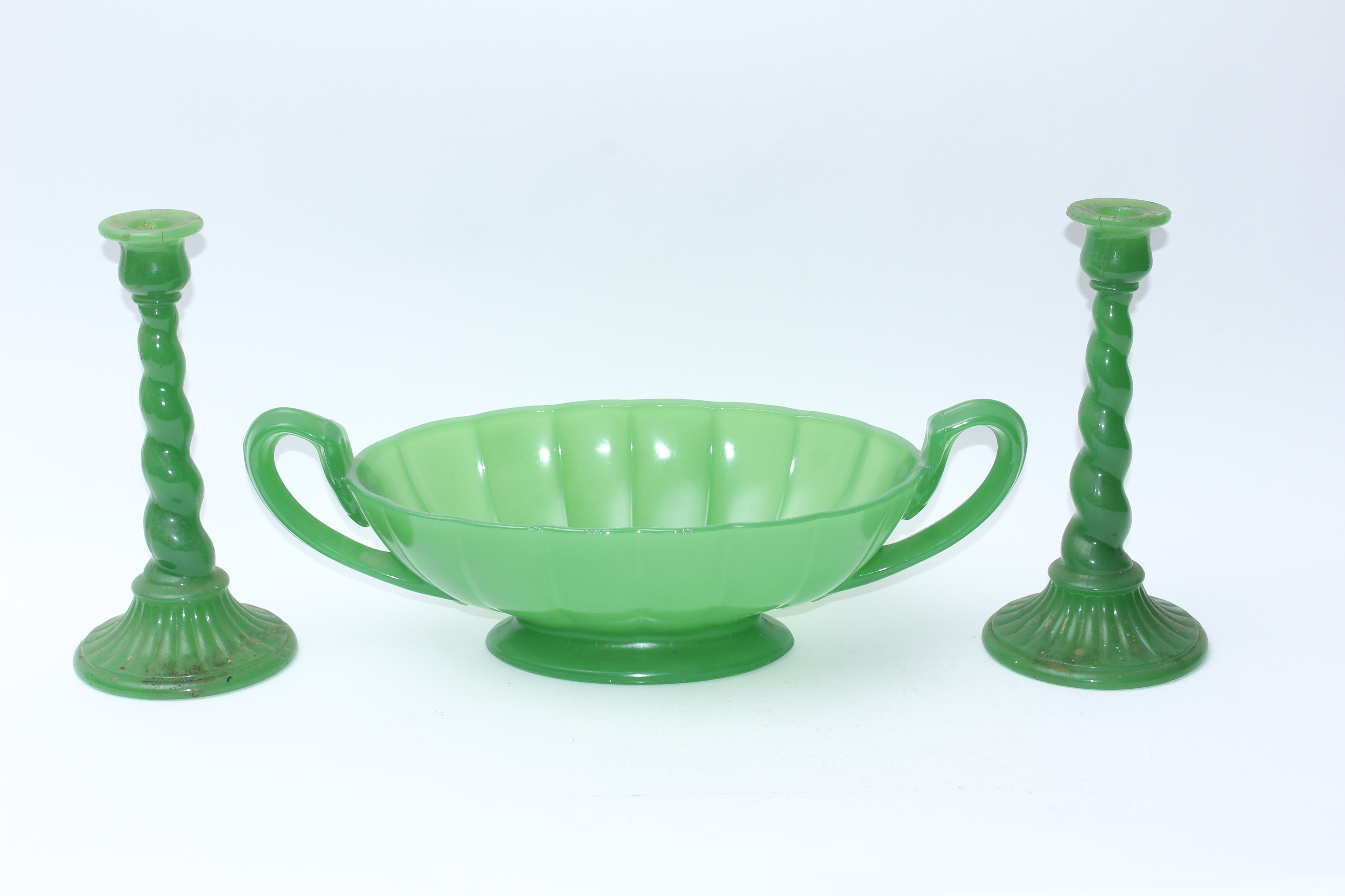 Vintage Green Milk Glass Bowl and Candlesticks