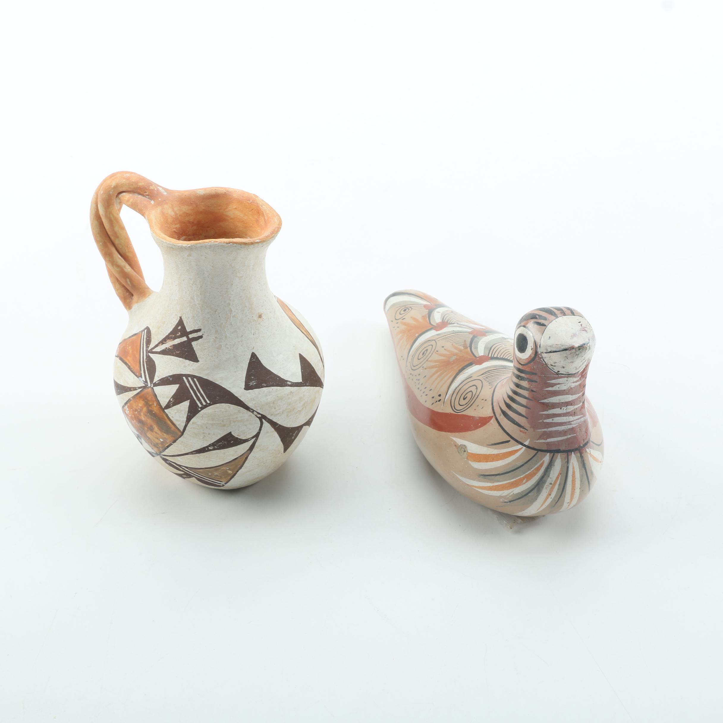 Acoma Pueblo Ceramic Pitcher and Mexican Ceramic Bird