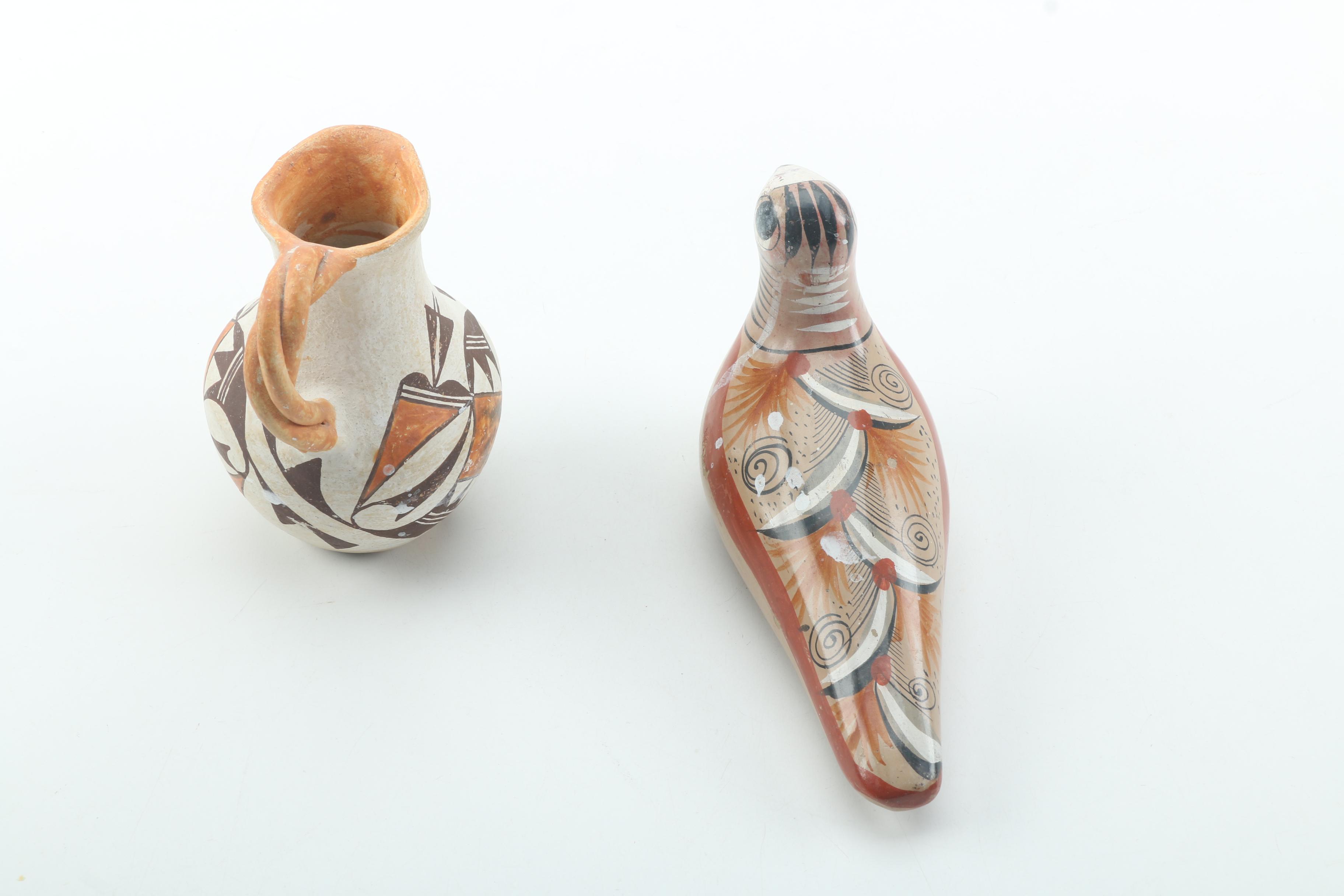 Acoma Pueblo Ceramic Pitcher and Mexican Ceramic Bird