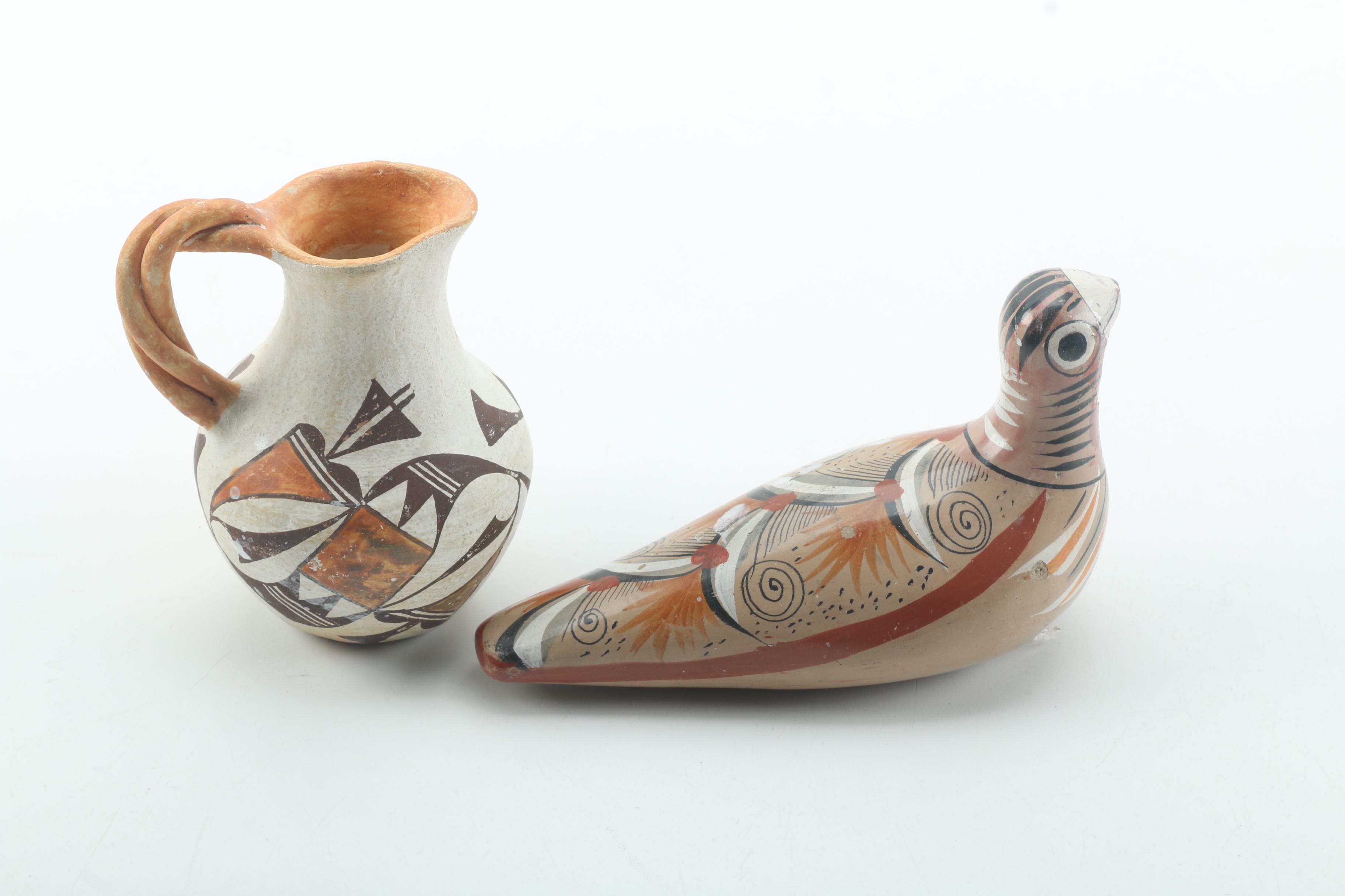 Acoma Pueblo Ceramic Pitcher and Mexican Ceramic Bird