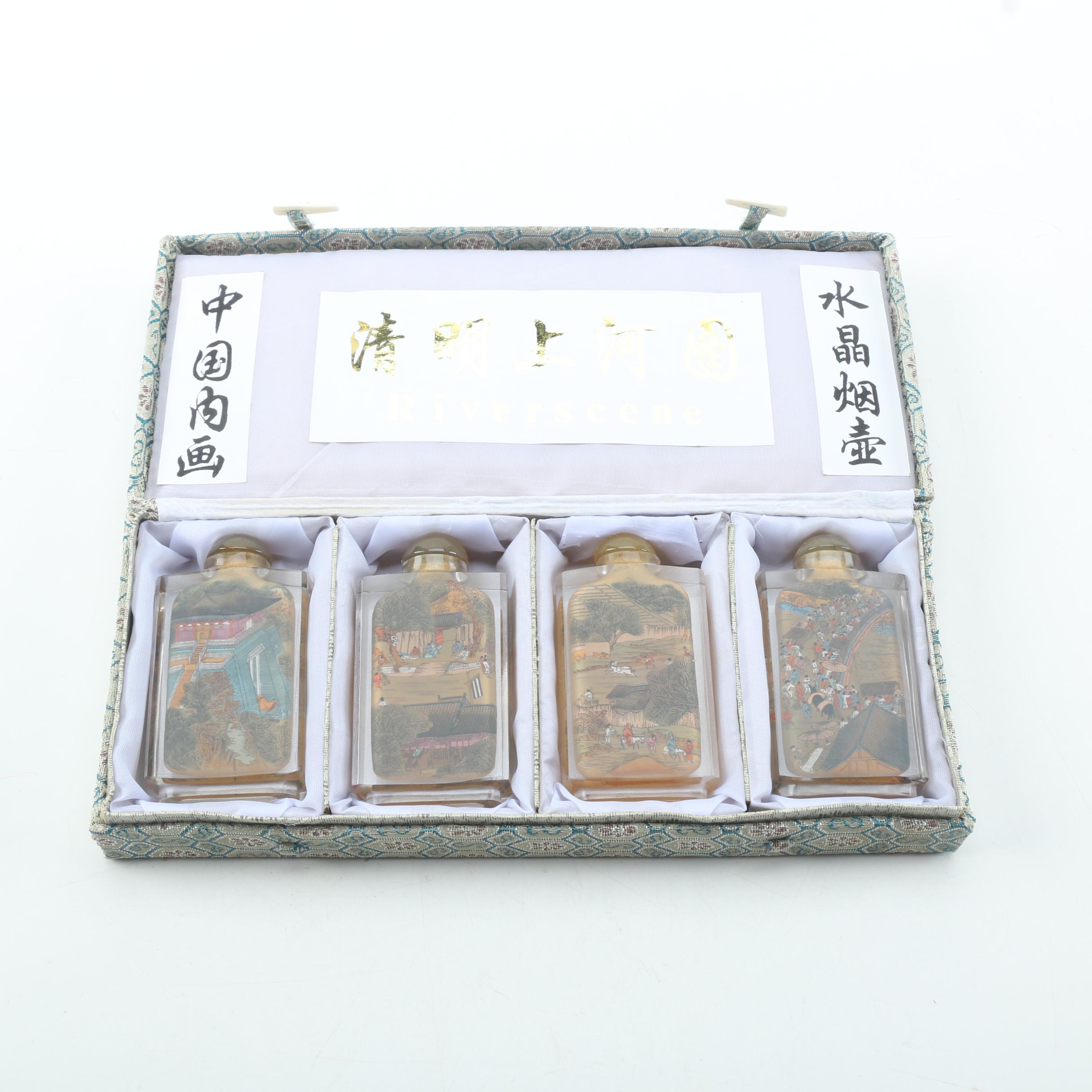 Chinese Riverscene Reverse Painted Glass Snuff Bottle Set