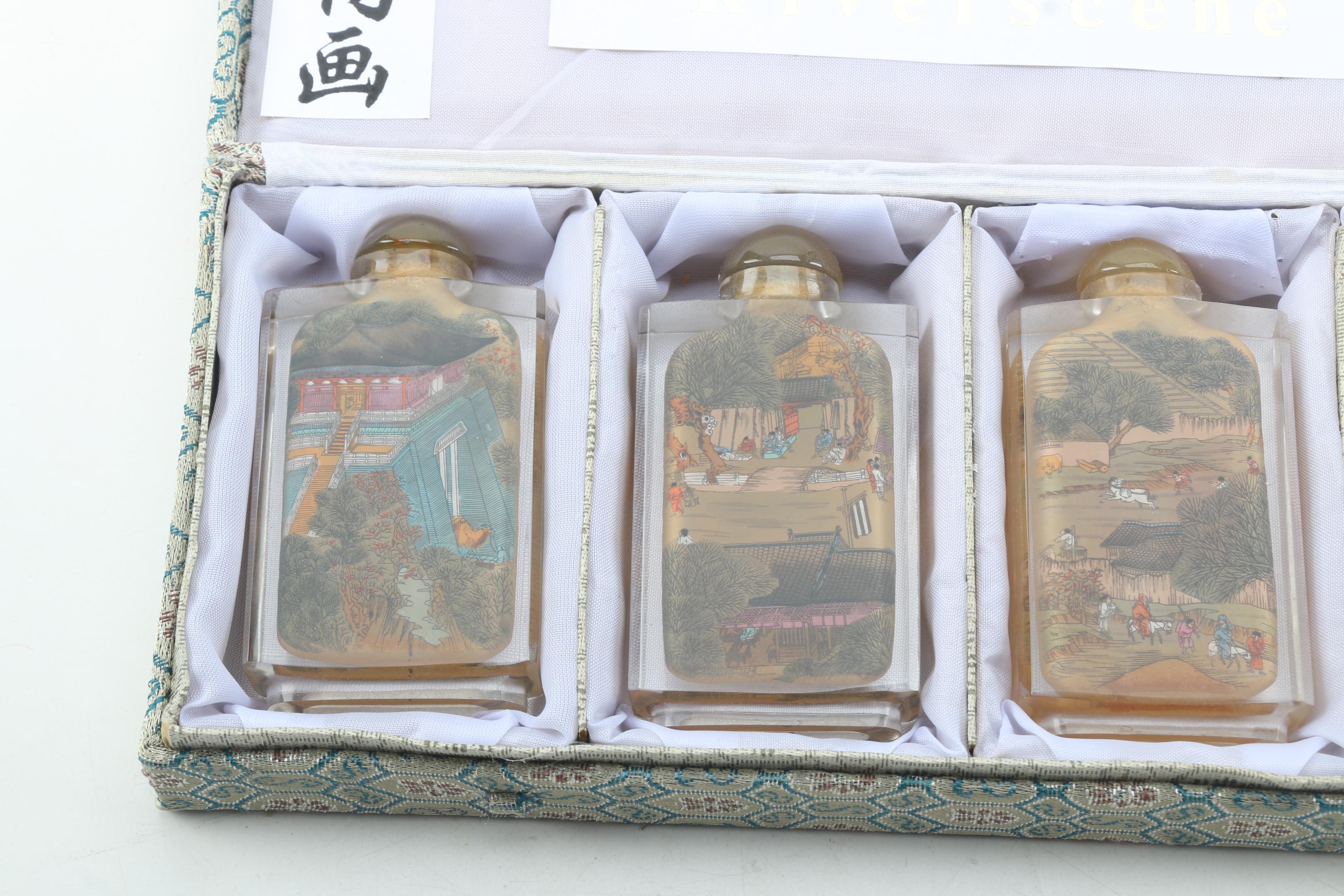 Chinese Riverscene Reverse Painted Glass Snuff Bottle Set