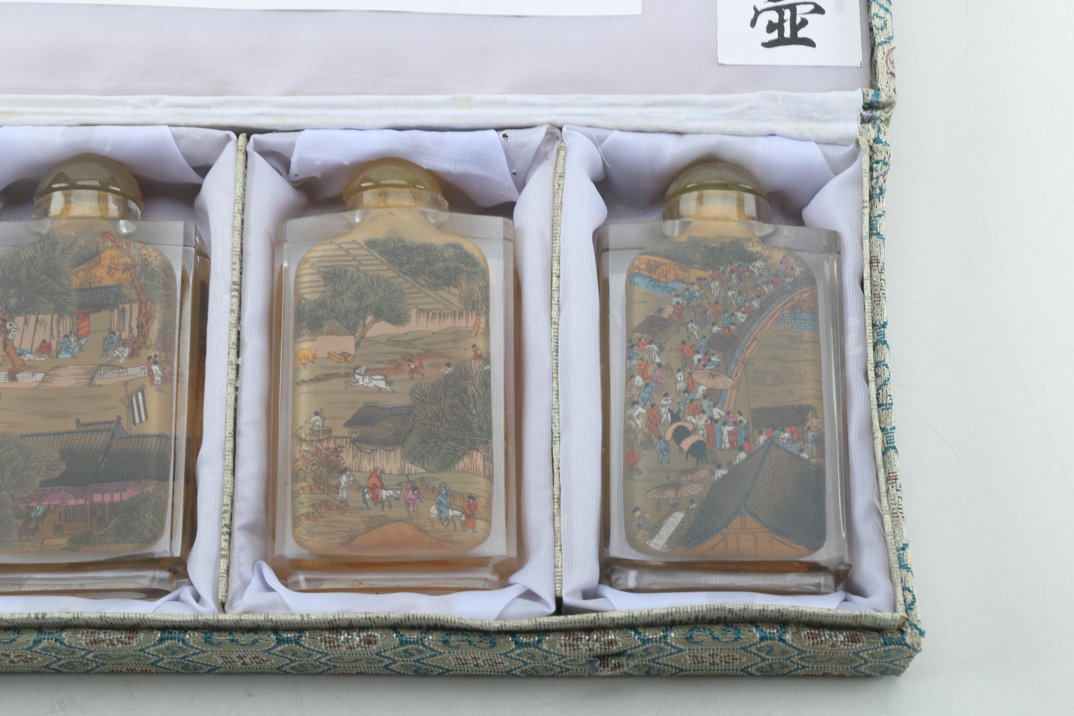 Chinese Riverscene Reverse Painted Glass Snuff Bottle Set