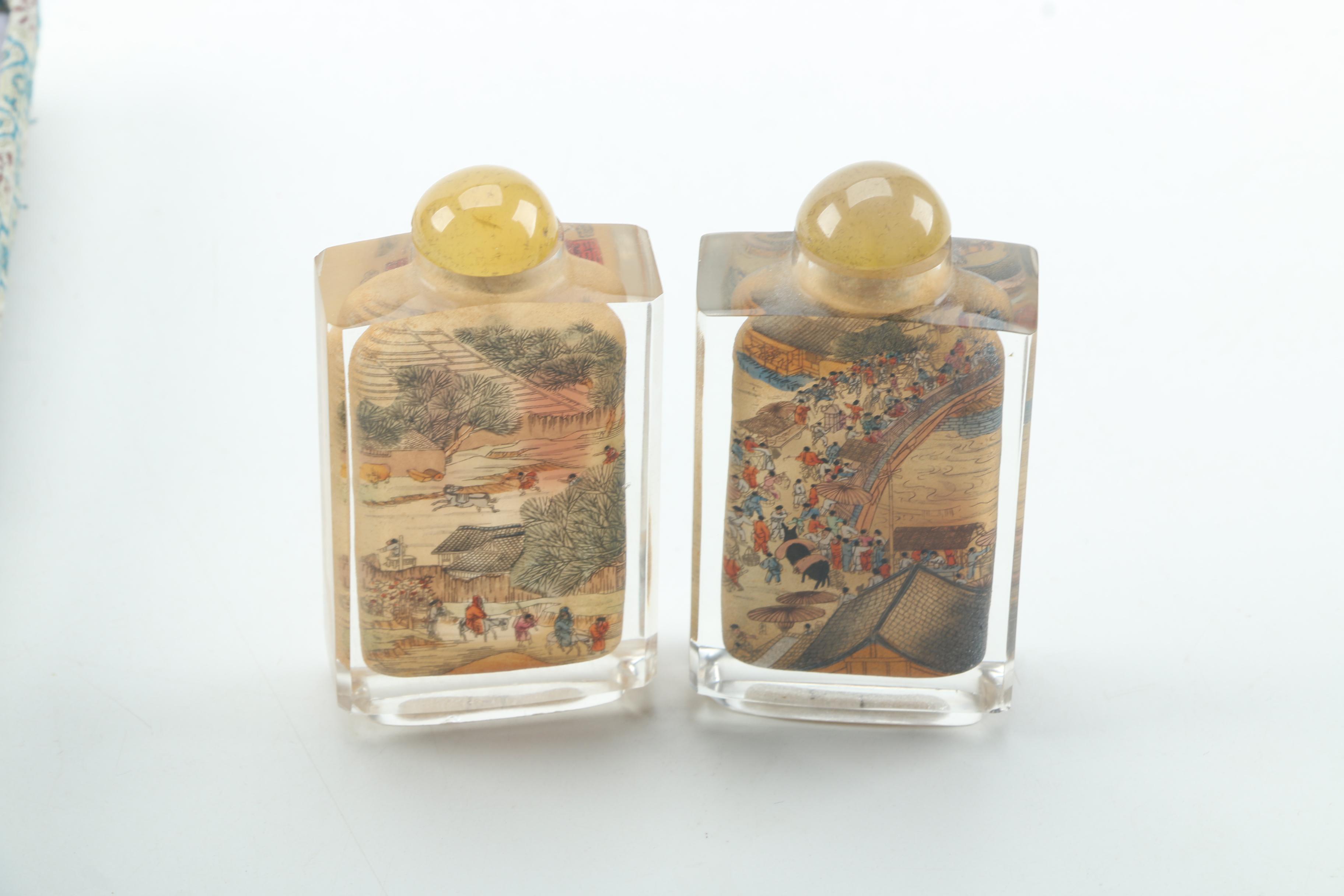 Chinese Riverscene Reverse Painted Glass Snuff Bottle Set