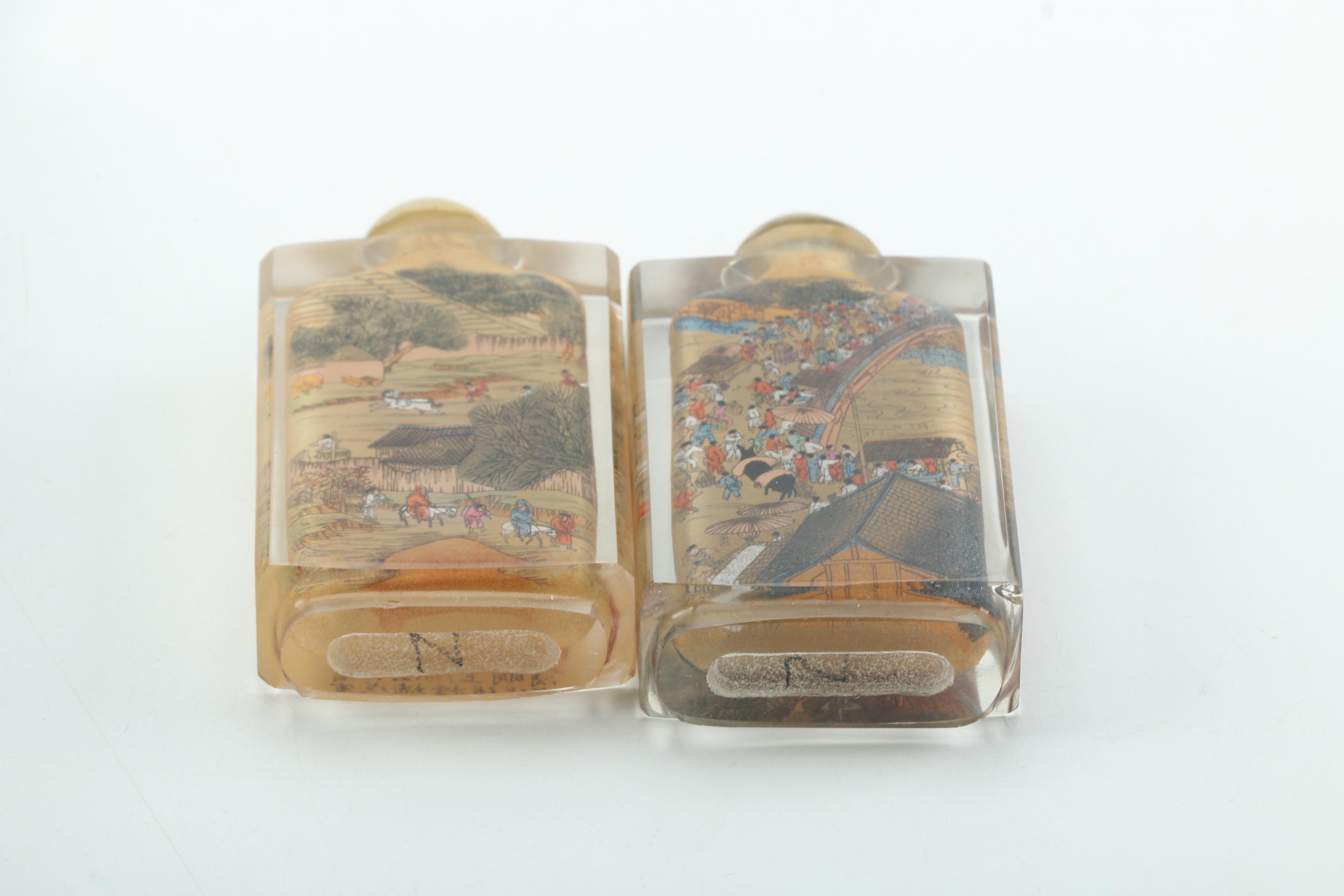 Chinese Riverscene Reverse Painted Glass Snuff Bottle Set