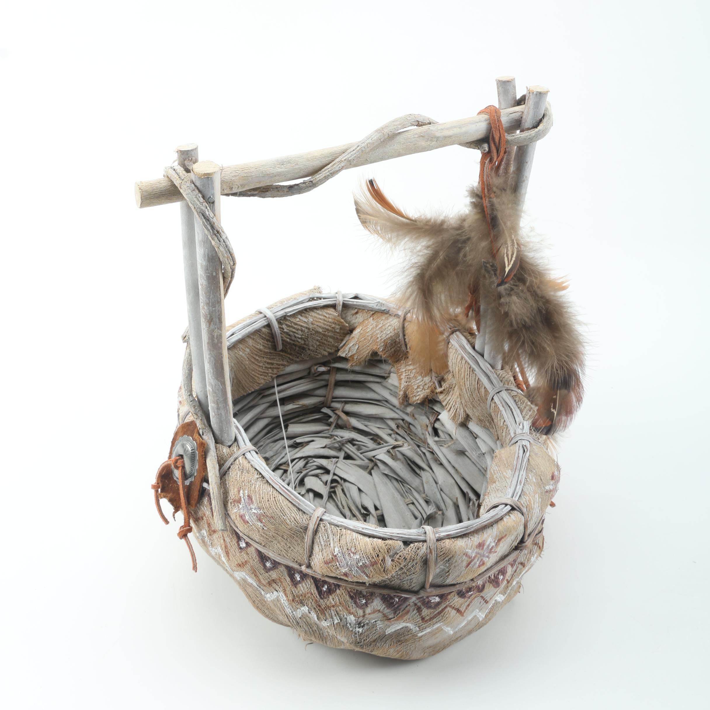 Woven Basket with Chicken Feather Accents