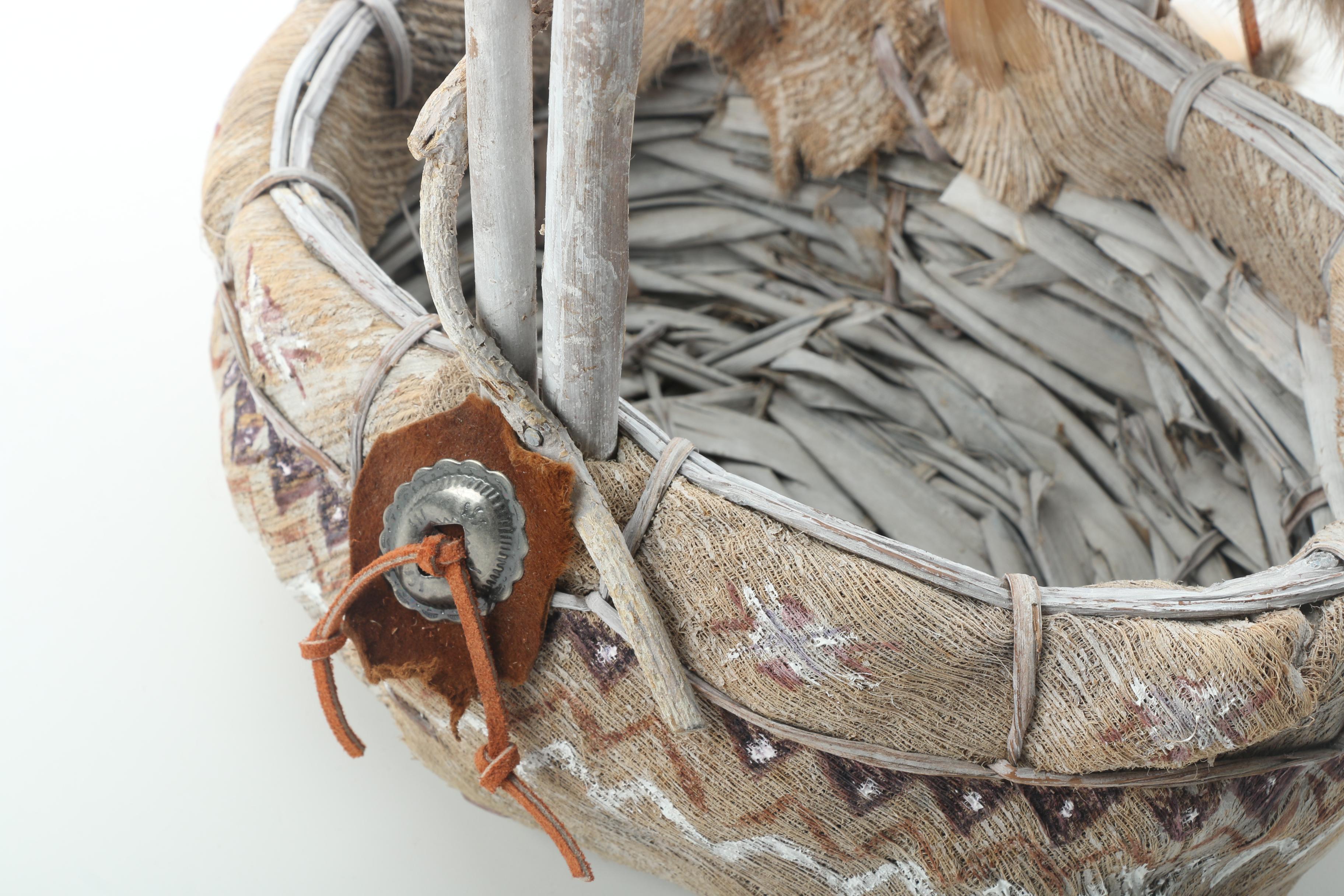 Woven Basket with Chicken Feather Accents