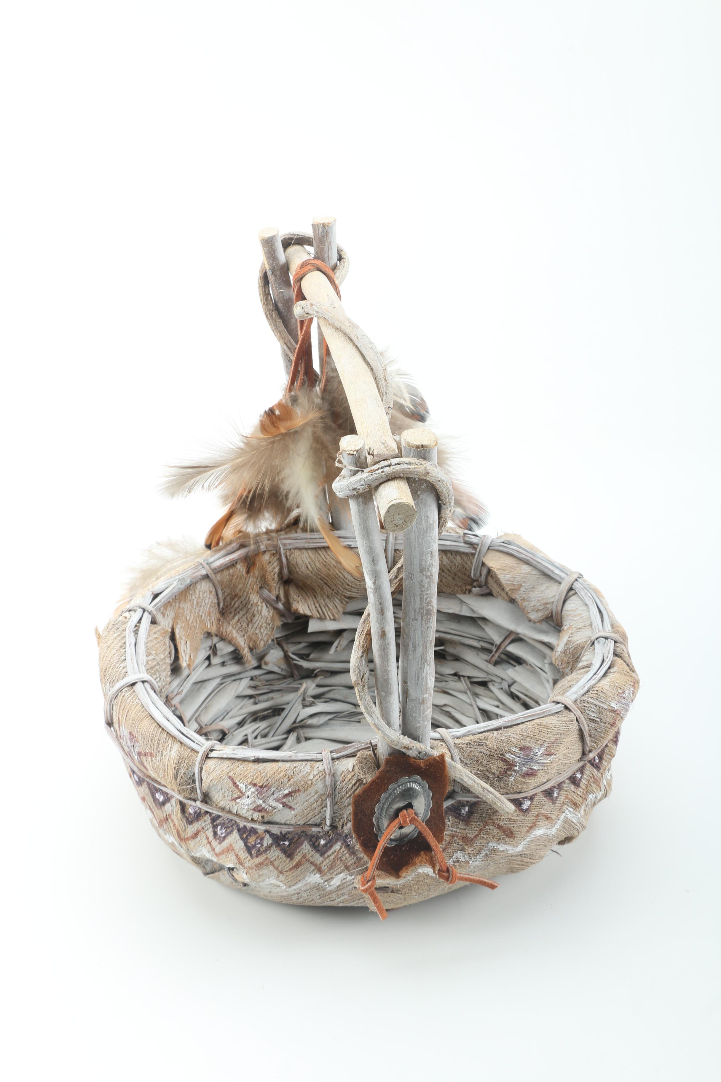 Woven Basket with Chicken Feather Accents