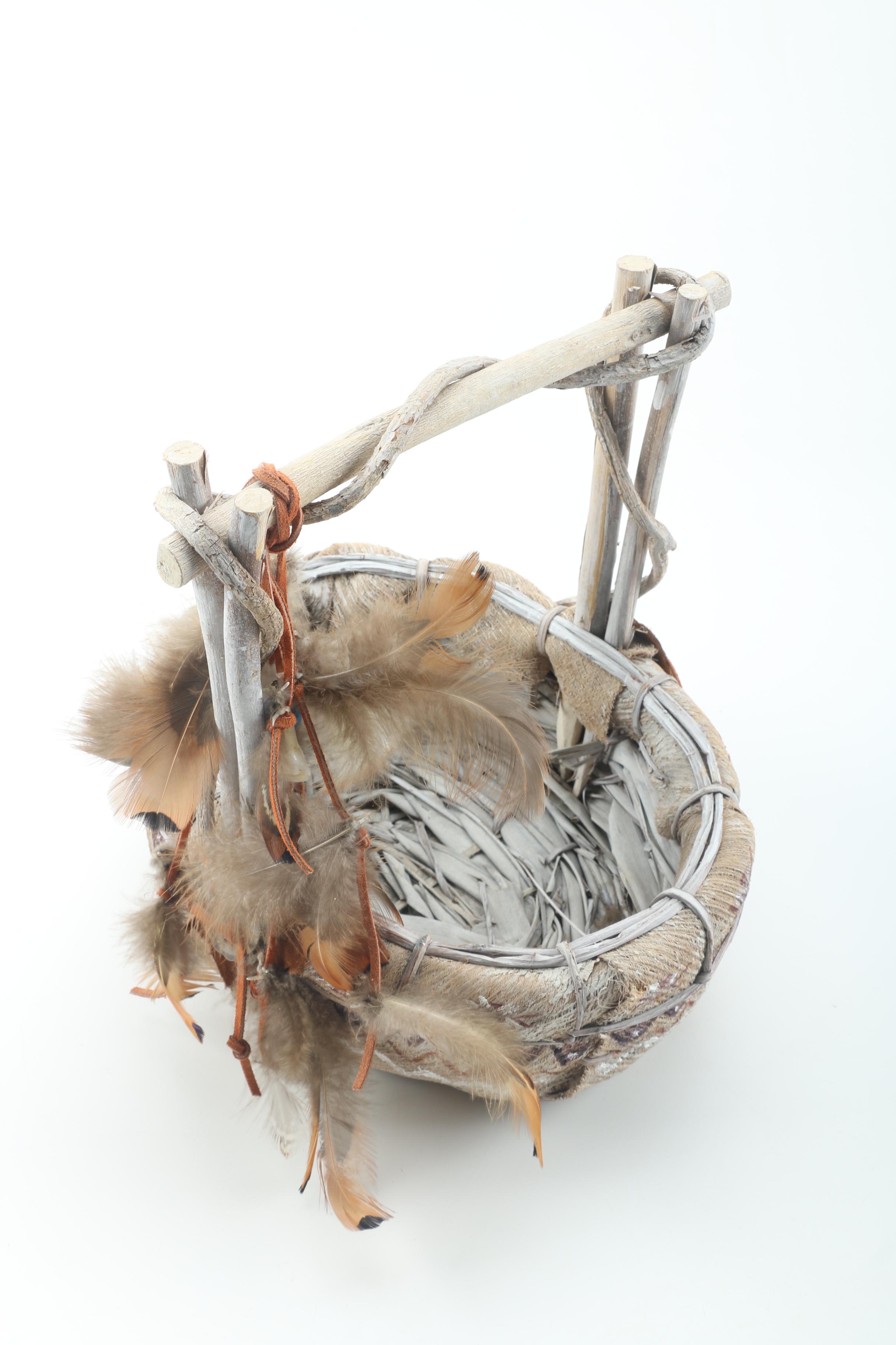 Woven Basket with Chicken Feather Accents