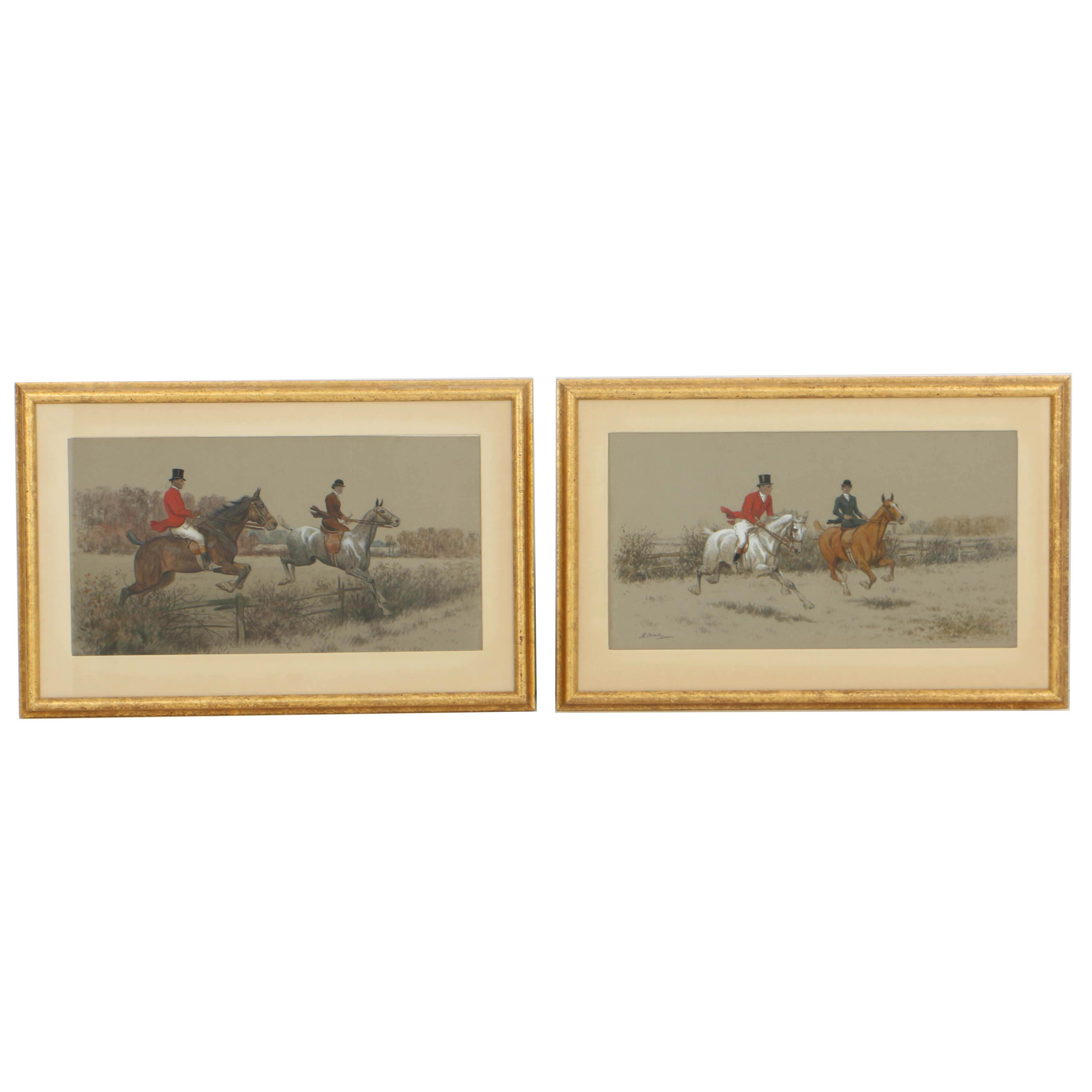 Pair of Harrington Bird Mixed Media Paintings of Equestrian Sporting Scenes