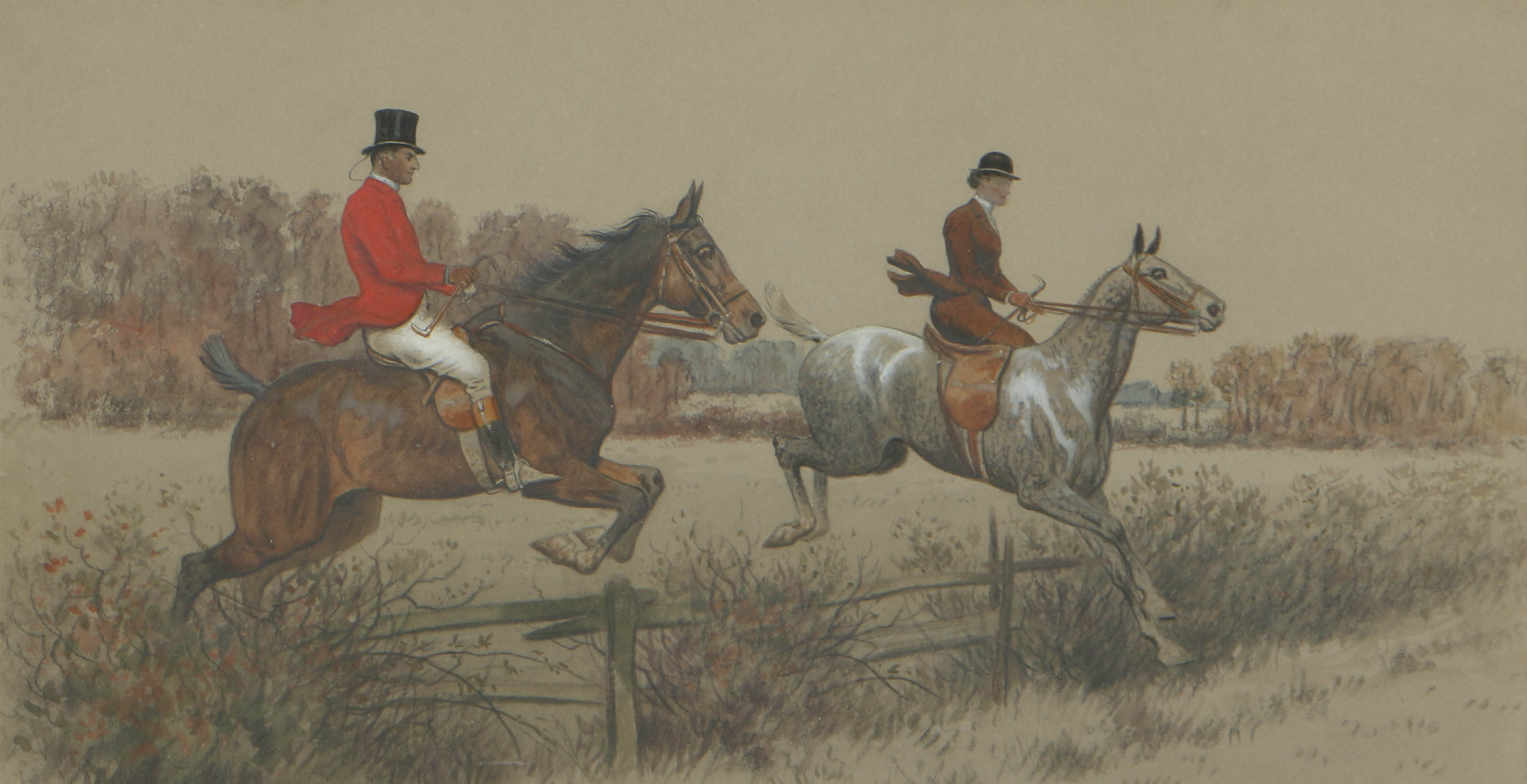 Pair of Harrington Bird Mixed Media Paintings of Equestrian Sporting Scenes