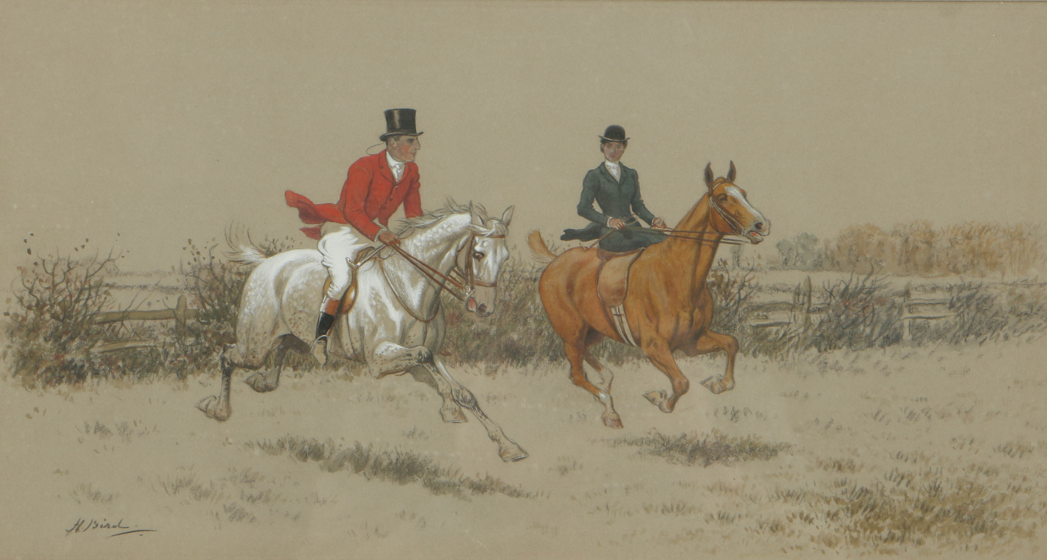 Pair of Harrington Bird Mixed Media Paintings of Equestrian Sporting Scenes