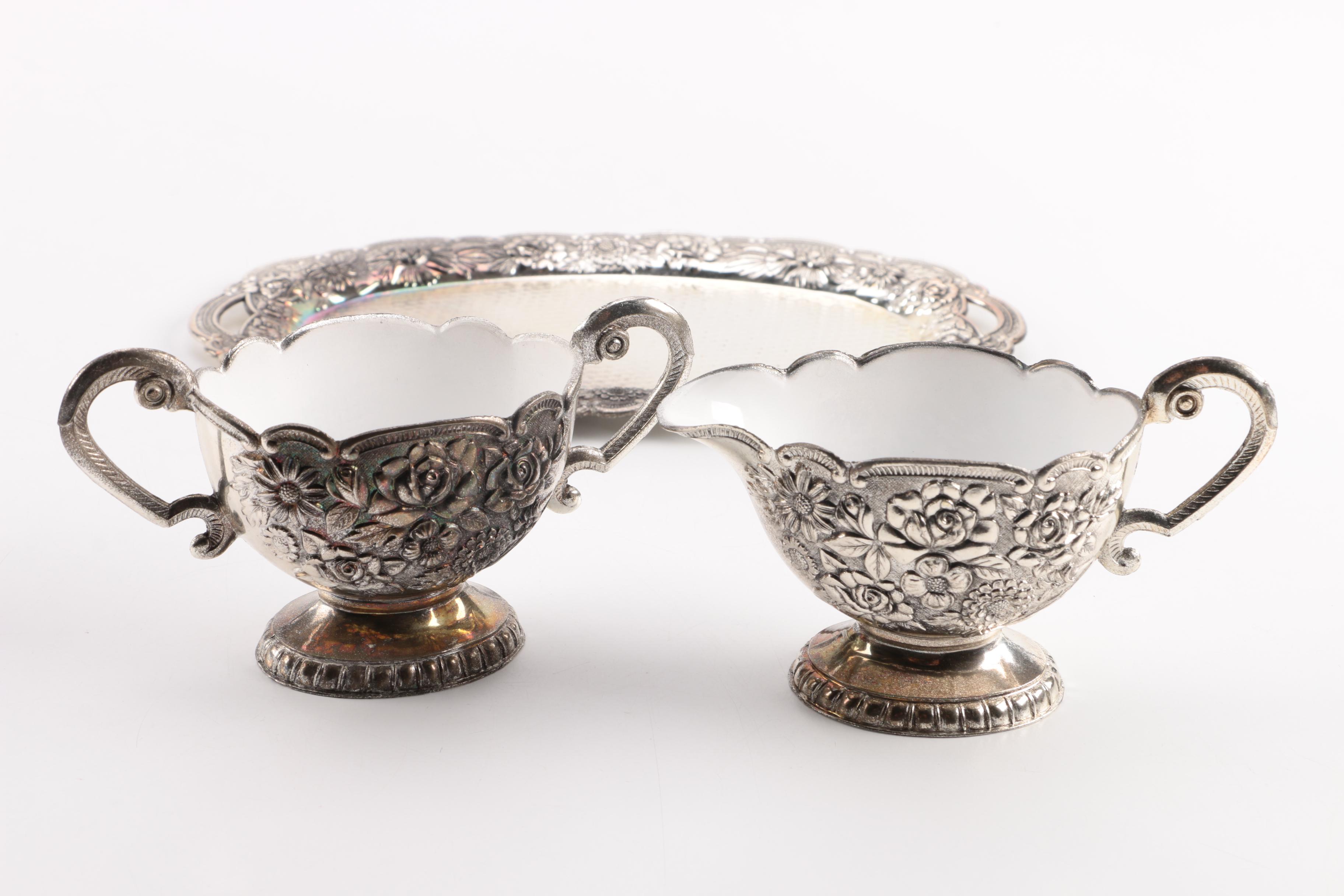 Silver Plate Over Enamel Molded Floral Cream and Sugar Bowl Set