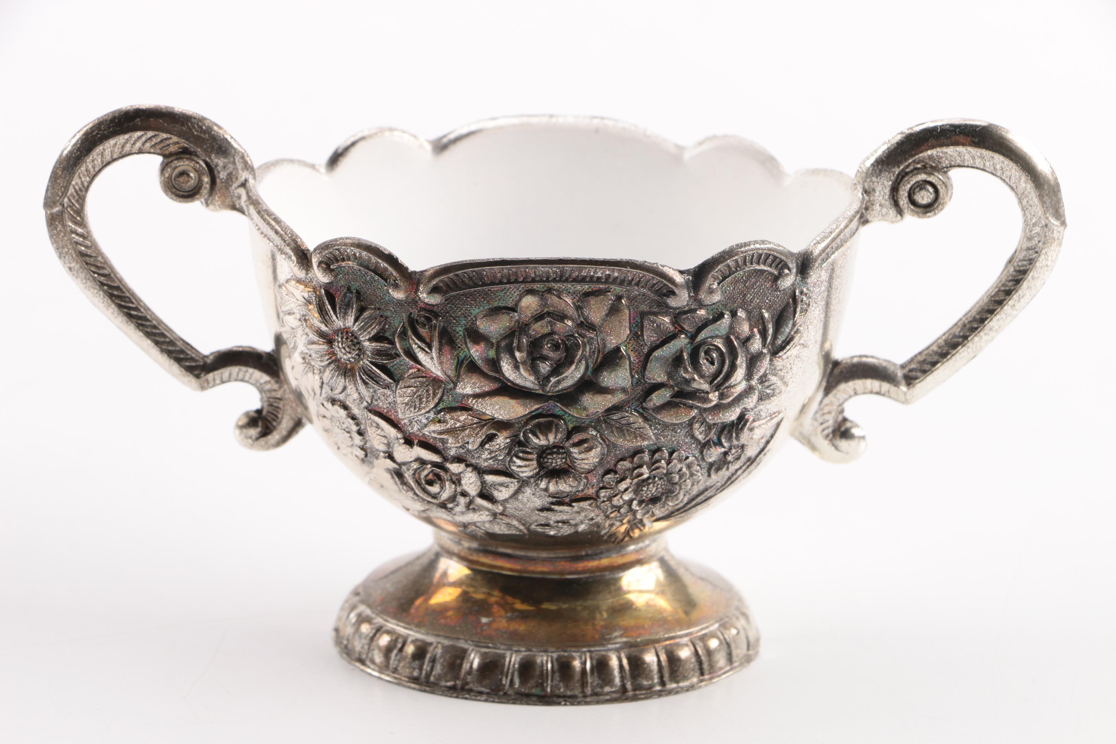 Silver Plate Over Enamel Molded Floral Cream and Sugar Bowl Set