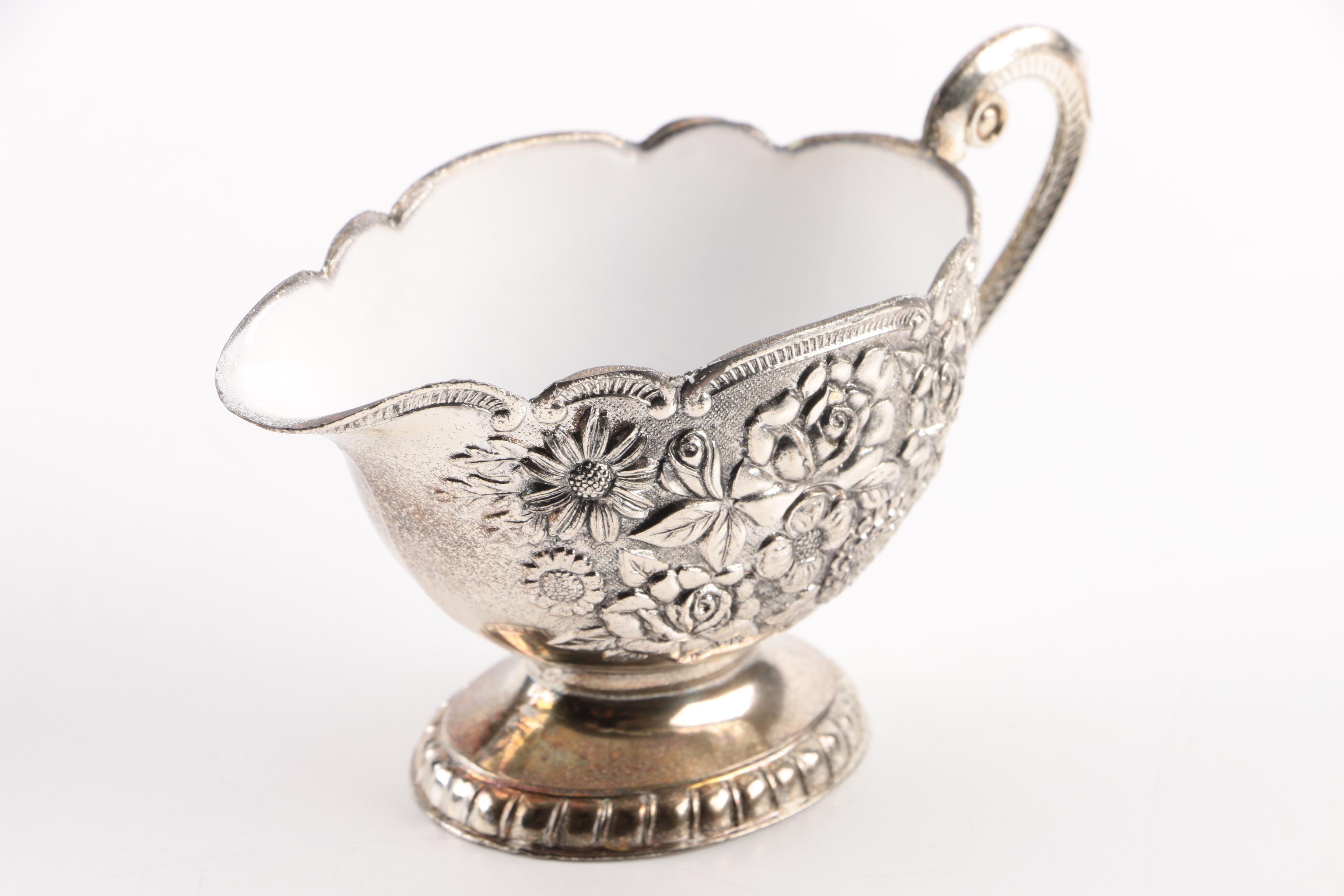 Silver Plate Over Enamel Molded Floral Cream and Sugar Bowl Set